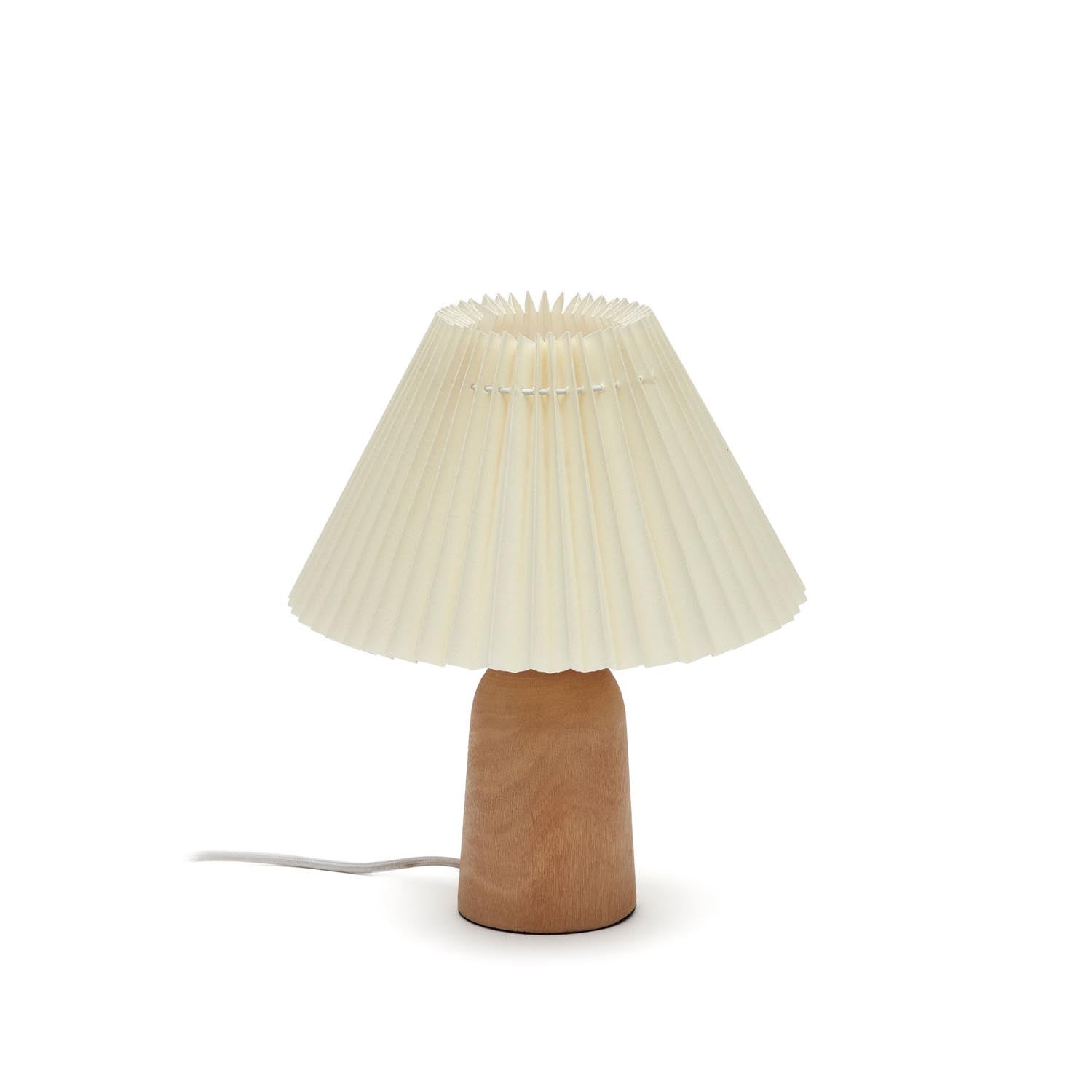 Elegante Benicarlo Tischlampe aus Holz in Natur und Beige, mit Plisseeschirm für gemütliche Beleuchtung.