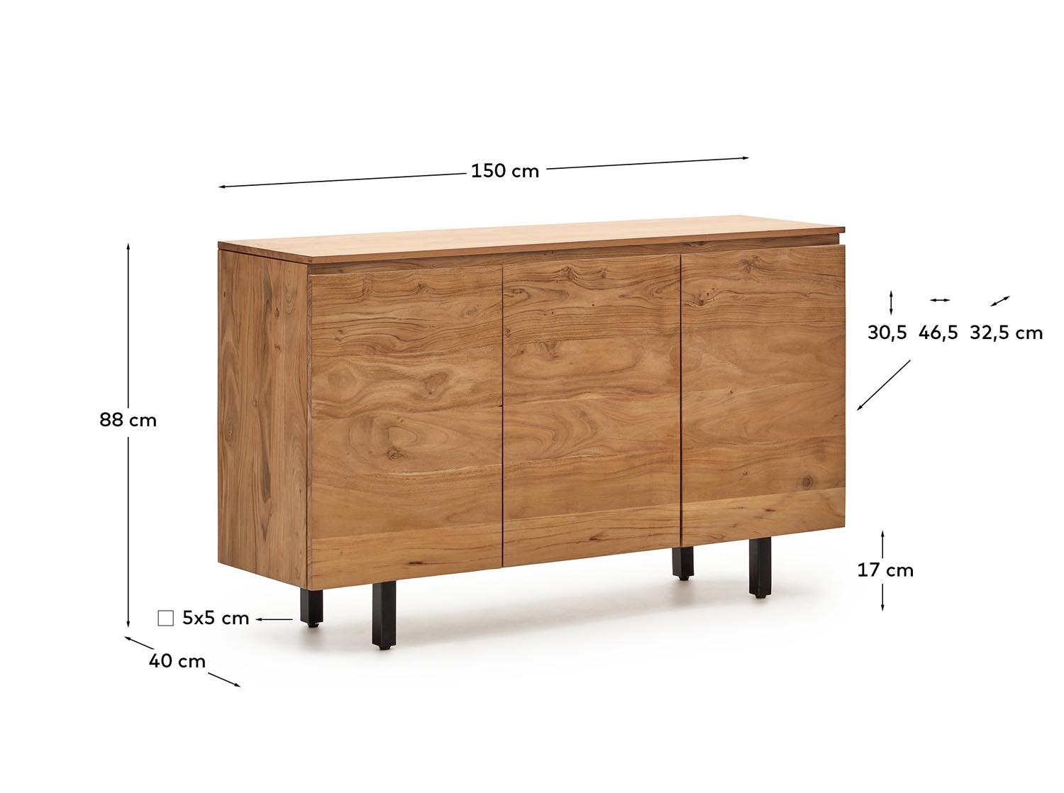 Entdecken Sie das elegante 3-türige Sideboard Uxue aus massivem Akazienholz mit gebleichtem Finish – ideal für jeden Raum und perfekten Stauraum.