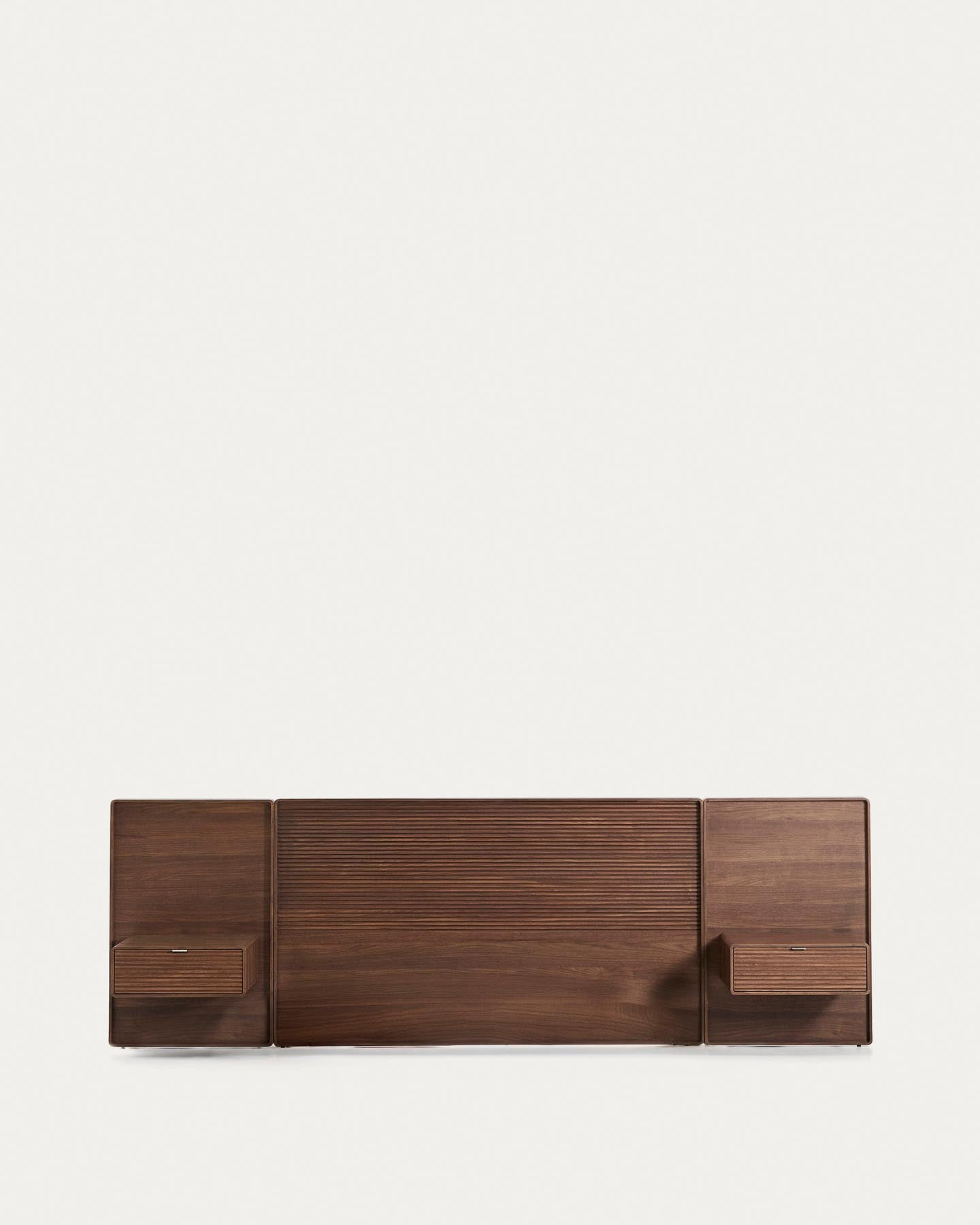 Bettkopfteil Norlen mit zwei Nachttischen aus Nussbaumfurnier mit dunklem Finish und LED-Licht für Betten bis 160 cm, FSC Mix Credit in Dunkelbraun präsentiert im Onlineshop von KAQTU Design AG. Kopfteile ist von Kave Home
