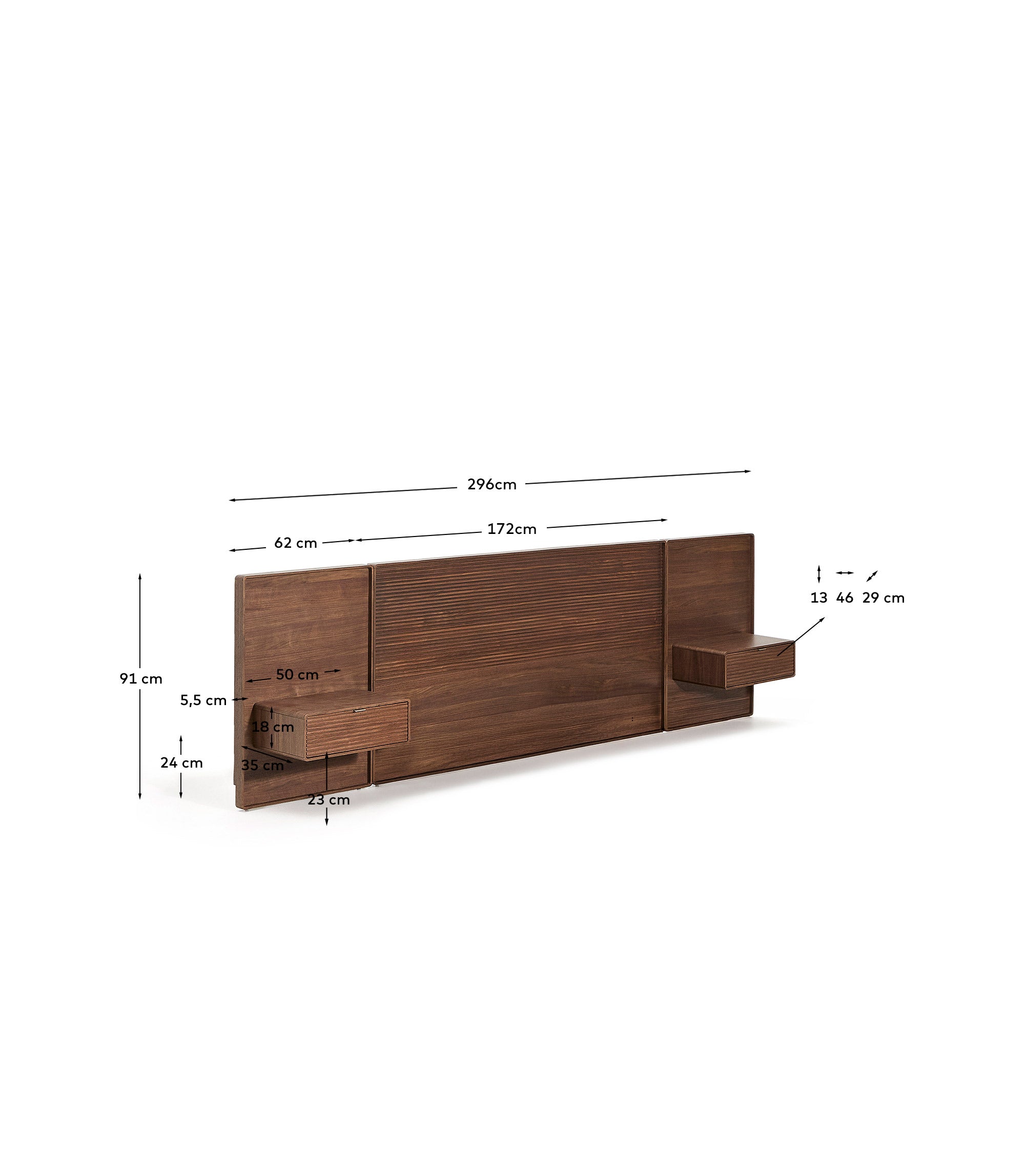 Bettkopfteil Norlen mit zwei Nachttischen aus Nussbaumfurnier mit dunklem Finish und LED-Licht für Betten bis 160 cm, FSC Mix Credit in Dunkelbraun präsentiert im Onlineshop von KAQTU Design AG. Kopfteile ist von Kave Home