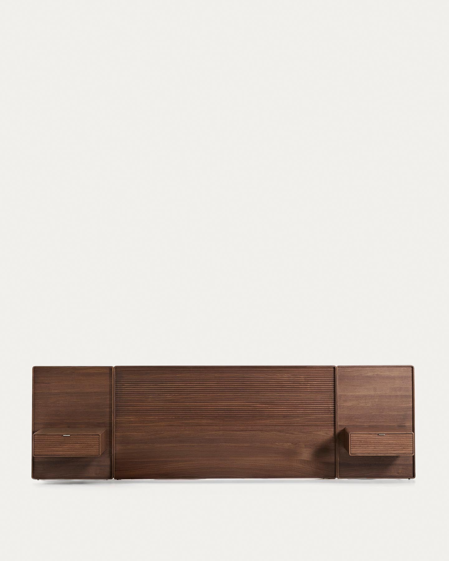 Bettkopfteil Norlen mit zwei Nachttischen aus Nussbaumfurnier mit dunklem Finish und LED-Licht für Betten bis 180 cm, FSC Mix Credit in Dunkelbraun präsentiert im Onlineshop von KAQTU Design AG. Kopfteile ist von Kave Home