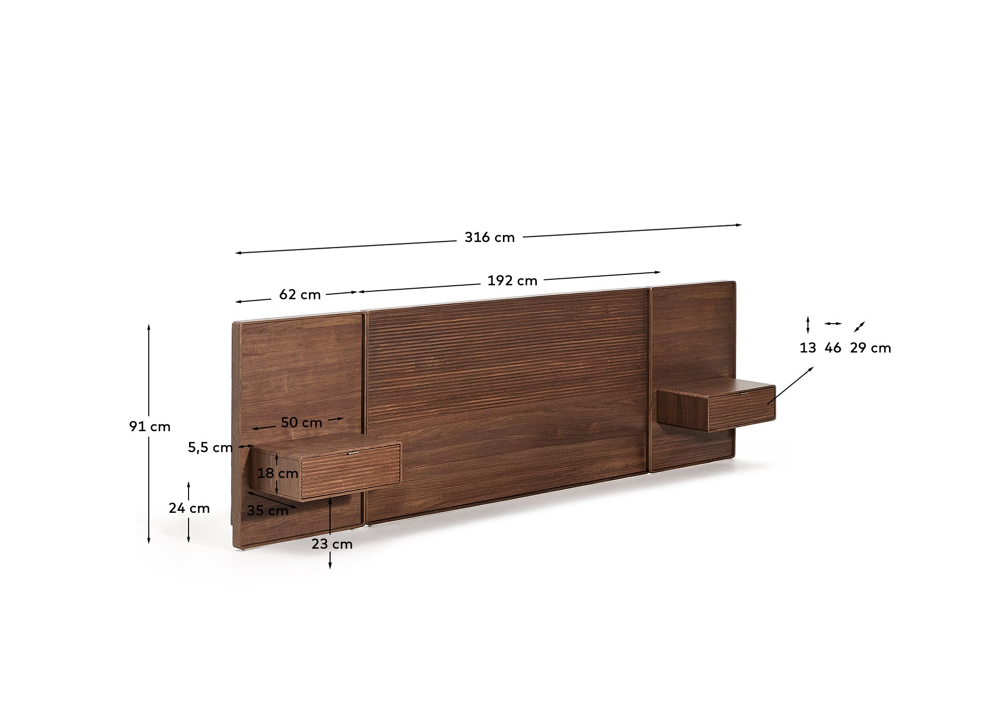 Bettkopfteil Norlen mit zwei Nachttischen aus Nussbaumfurnier mit dunklem Finish und LED-Licht für Betten bis 180 cm, FSC Mix Credit in Dunkelbraun präsentiert im Onlineshop von KAQTU Design AG. Kopfteile ist von Kave Home