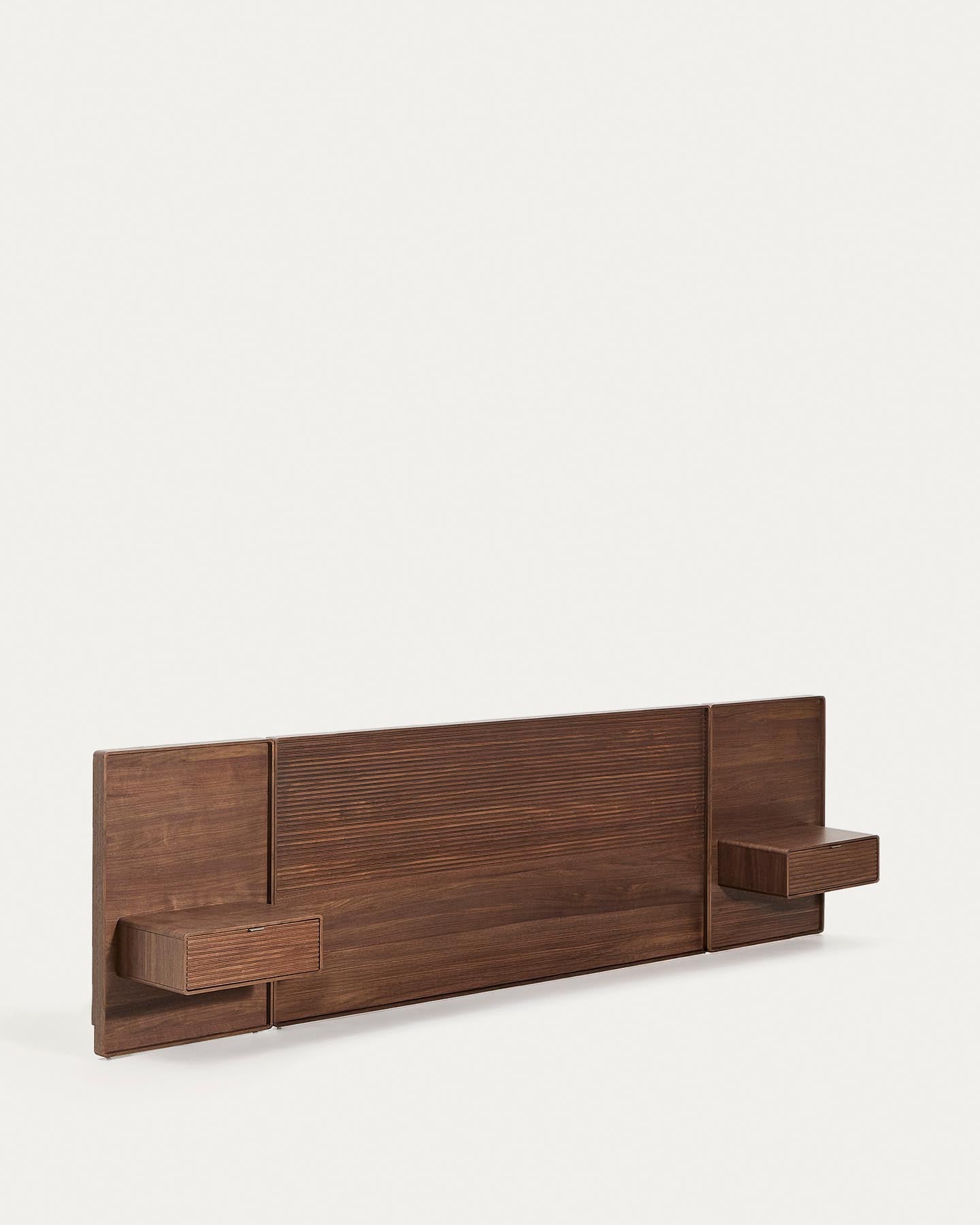 Bettkopfteil Norlen mit zwei Nachttischen aus Nussbaumfurnier mit dunklem Finish und LED-Licht für Betten bis 180 cm, FSC Mix Credit in Dunkelbraun präsentiert im Onlineshop von KAQTU Design AG. Kopfteile ist von Kave Home