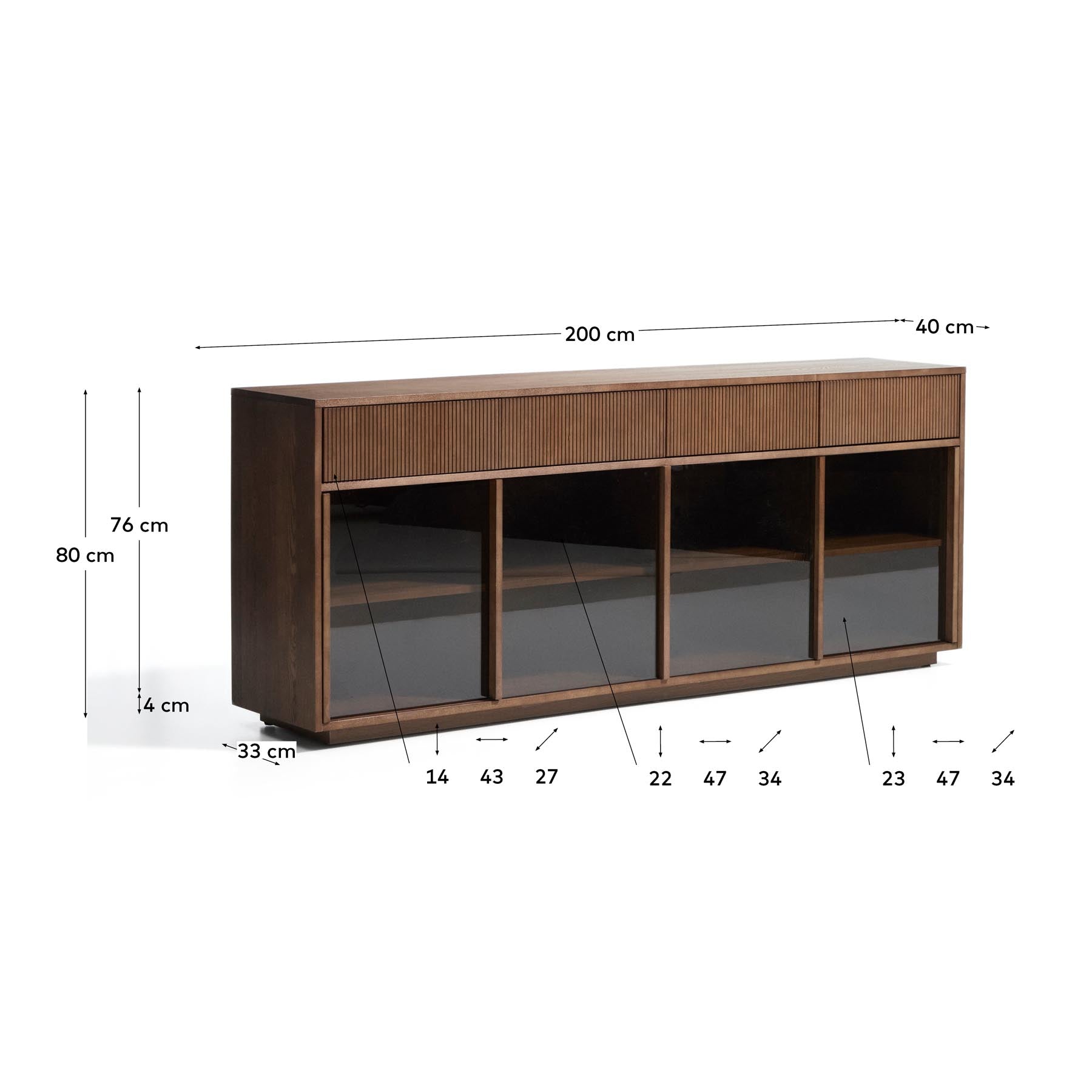 Sideboard Helvine 4 Türen 4 Schubladen Eichenfurnier mit Nussbaum-Finish und gehärtetes Glas 200 x 80 cm FSC 100% in Dunkelbraun präsentiert im Onlineshop von KAQTU Design AG. Sideboard ist von Kave Home