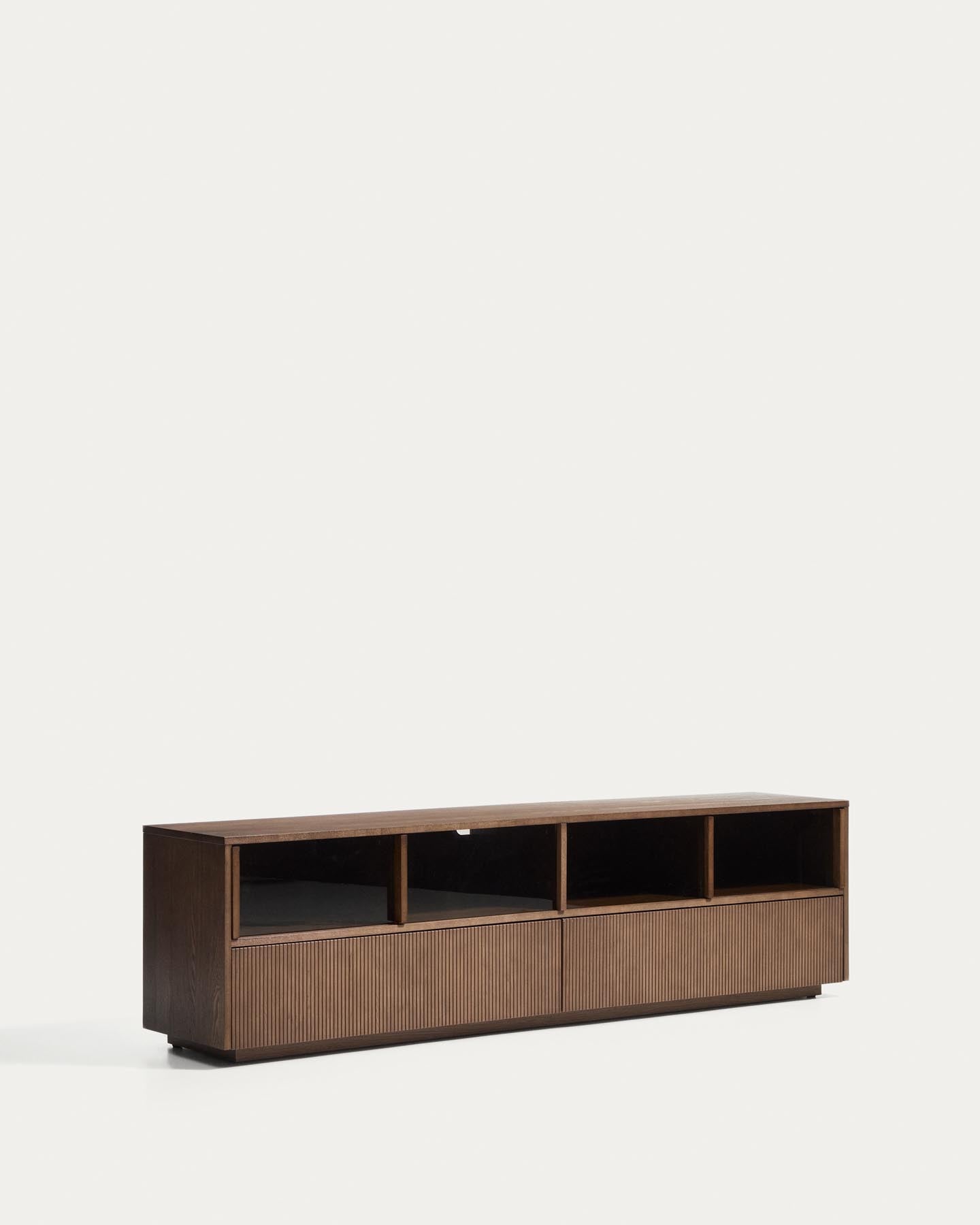 Helvine TV-Möbel mit 4 Türen und 2 Schubladen aus Eschenfurnier mit dunklem Nussbaum-Finish und gehärtetem Glas, 200 x 54 cm, FSC 100% in Dunkelbraun präsentiert im Onlineshop von KAQTU Design AG. TV-Möbel ist von Kave Home