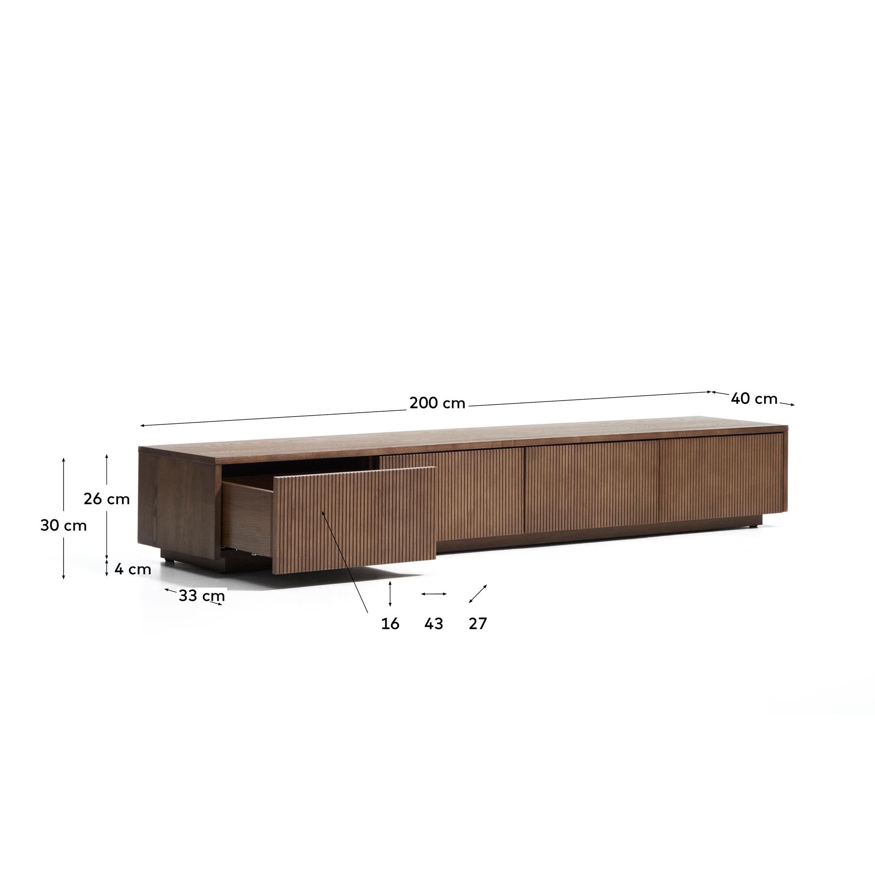 TV-Möbel Helvine 4 Schubladen aus Eichenfurnier mit Nussbaum-Finish 200 x 30 cm FSC 100% in Dunkelbraun präsentiert im Onlineshop von KAQTU Design AG. TV-Möbel ist von Kave Home