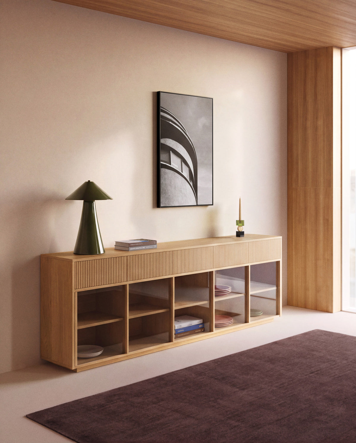 Sideboard Helvine mit 5 Türen und 5 Schubladen aus Eichenfurnier und gehärtetem Glas, 245 in Hellbraun präsentiert im Onlineshop von KAQTU Design AG. Sideboard ist von Kave Home