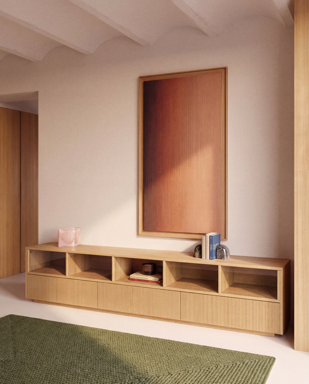 TV-Möbel Helvine mit 5 Türen und 3 Schubladen aus Eichenfurnier und gehärtetem Glas, 245 x in Hellbraun präsentiert im Onlineshop von KAQTU Design AG. TV-Möbel ist von Kave Home