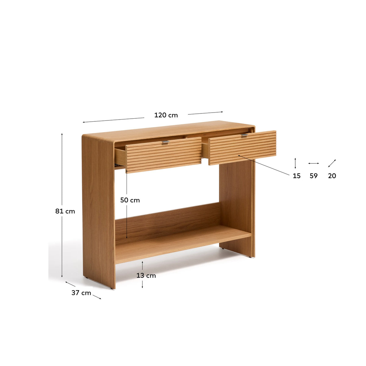 Konsolentisch Norlen von Kave Home mit zwei Schubladen und Regalboden, Korpus aus MDF mit Eichenfurnier in naturfarbenem Finish, Masse 120 x 81 cm.