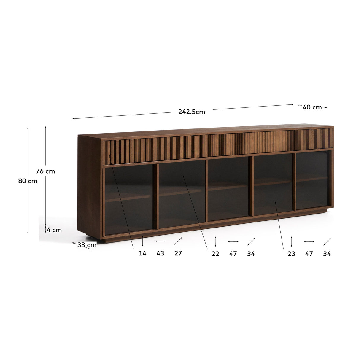 Sideboard Helvine in Dunkelbraun aus Eschenfurnier mit gehärtetem Glas, Türen und Schubladen