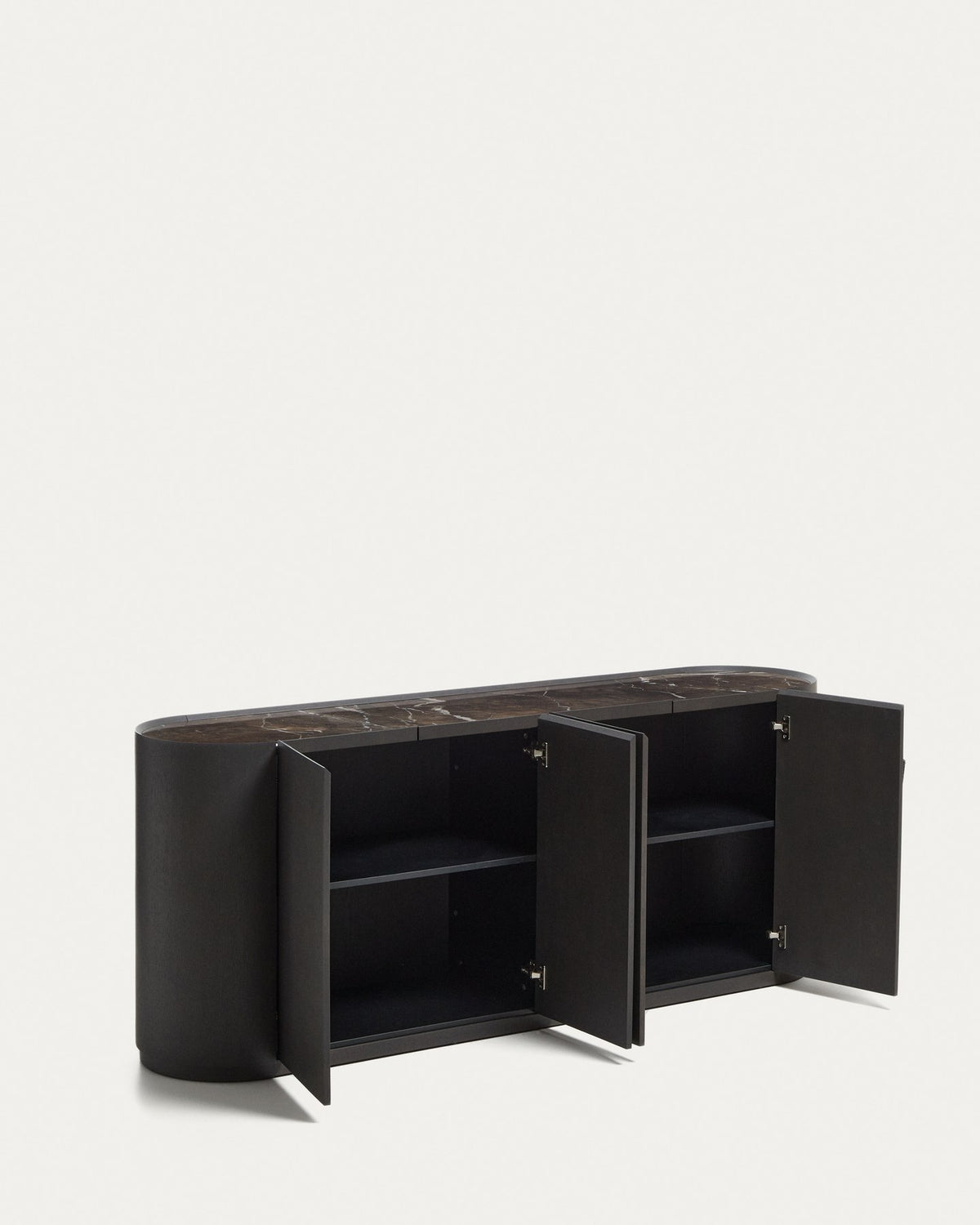 Sideboard Nemore mit vier Türen aus Eichenfurnier, dunkelbrauner Oberfläche und Keramikplatte mit Emperador-Marmor-Effekt, Masse 200 x 45 x 80 cm.