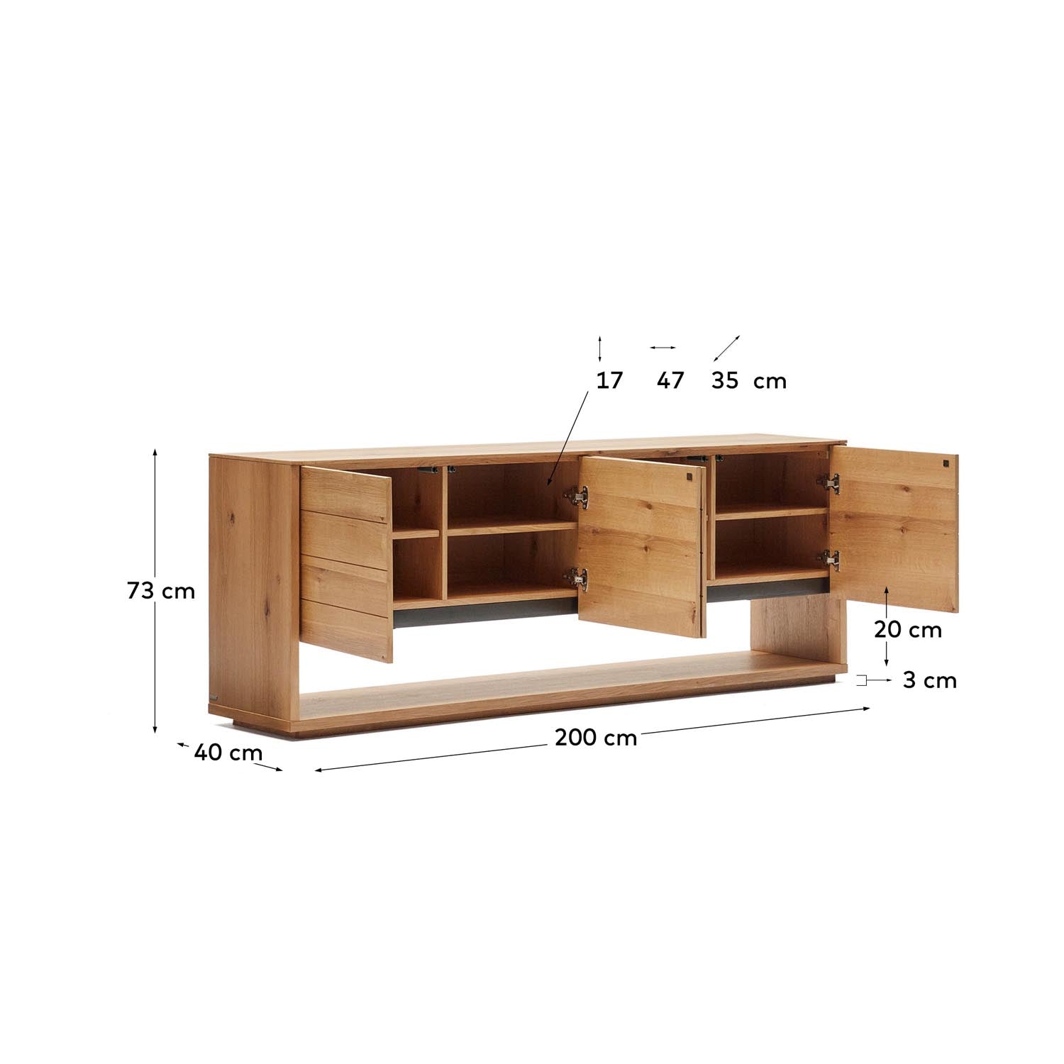 Entdecken Sie das stilvolle Alguema Sideboard von Kave Home: 4 Türen, Eichenfurnier, 200 x 74 cm – ideal für eleganten Stauraum und nachhaltigen Wohnstil.