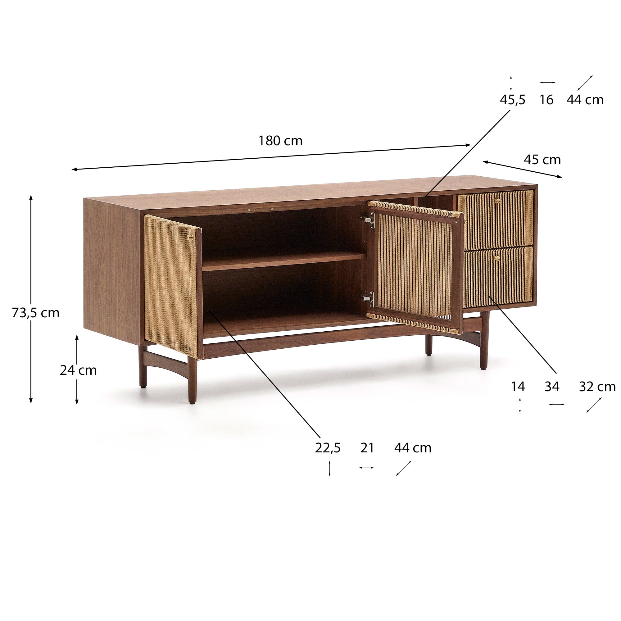 Elegantes Sideboard Elan aus massivem Nussholz und Furnier. Mit 2 Türen und 2 Schubladen bietet es stilvollen Stauraum und nachhaltige Qualität.