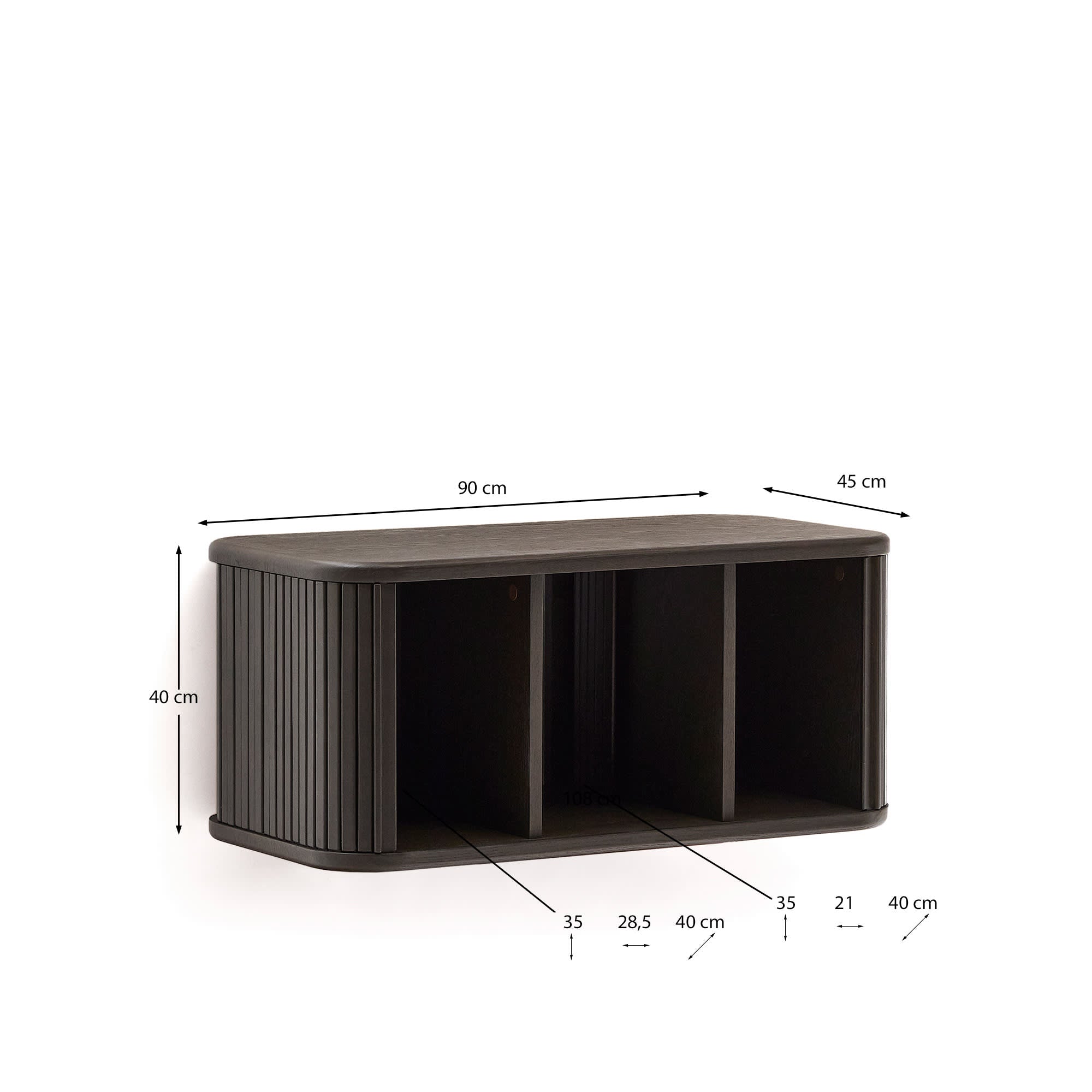 Moderner Wandschrank Mailen von Kave Home: 90 x 45 cm, aus langlebigem Eschenfurnier mit edlem dunklen Finish – perfekter Stauraum für Ihr Badezimmer.