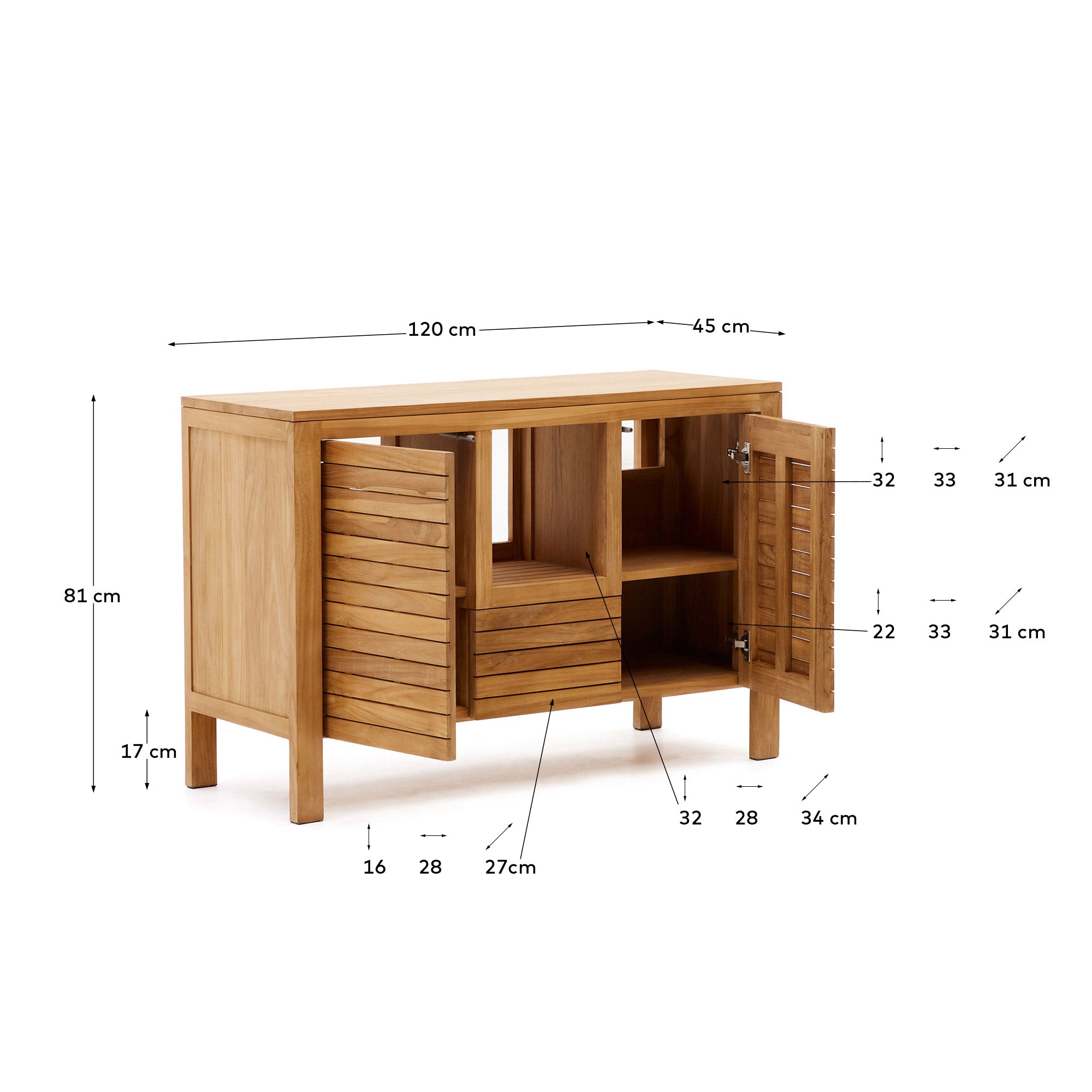 Eleganter Wandschrank Neria aus massivem Teakholz (120 x 45 cm) – perfekter Stauraum und zeitloses Design für Ihr Badezimmer.