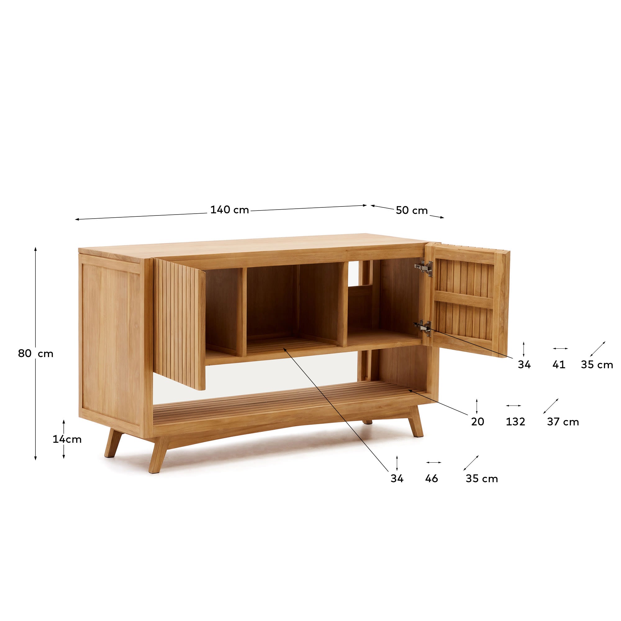 Das Kuveni High-Sideboard von Kave Home vereint edles Teakholz mit praktischem Stauraum. Ideal für jeden Raum, 140 x 50 cm.