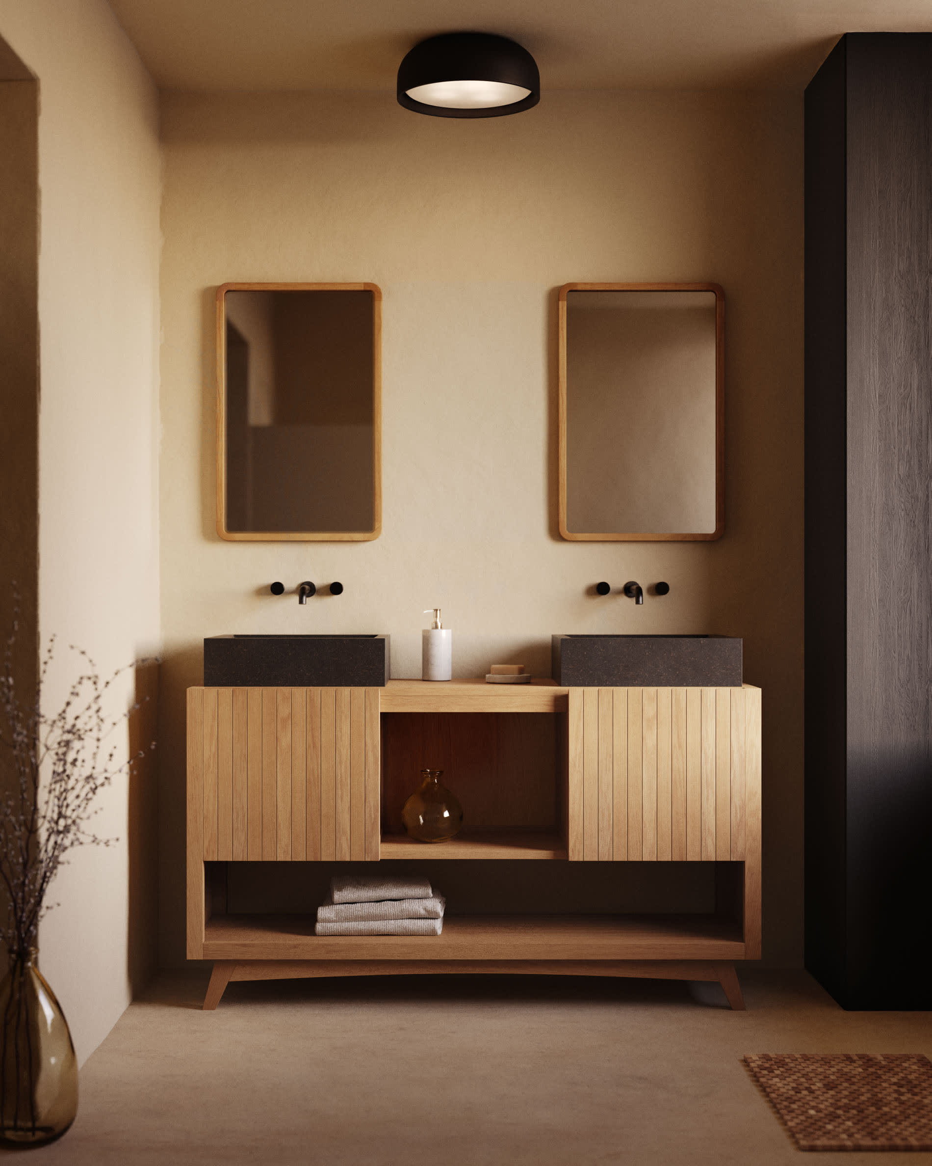 Massiver Teakholz-Tisch Kuveni, 140 x 50 cm, mit natürlichem Finish. Ideal für moderne und elegante Wohnräume.