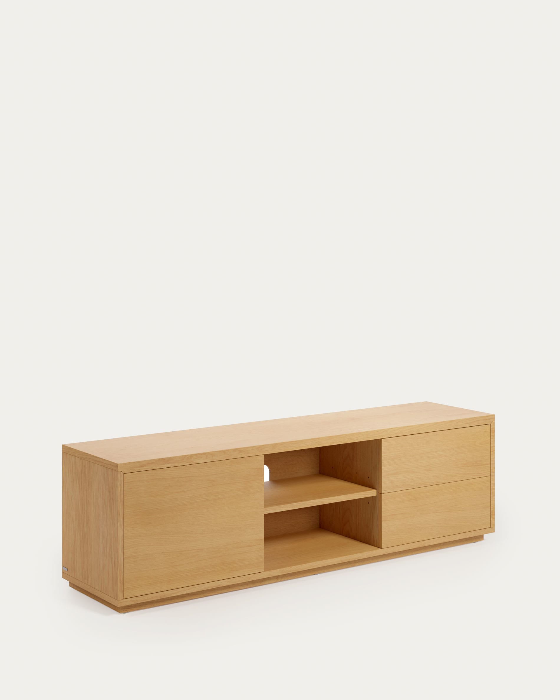 Eleganter TV-Schrank aus FSC-zertifiziertem Eichenfurnier, mit 1 Tür und 2 Schubladen, 150x44 cm, ideal für modernes Wohnen.