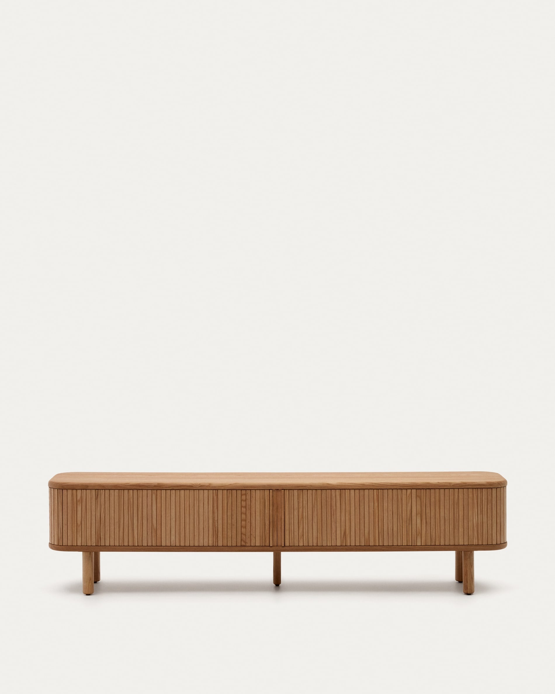 Elegantes TV-Möbel aus Eschenfurnier, 200x50 cm, mit Schiebetüren. Modernes Design, nachhaltig, ideal für AR.