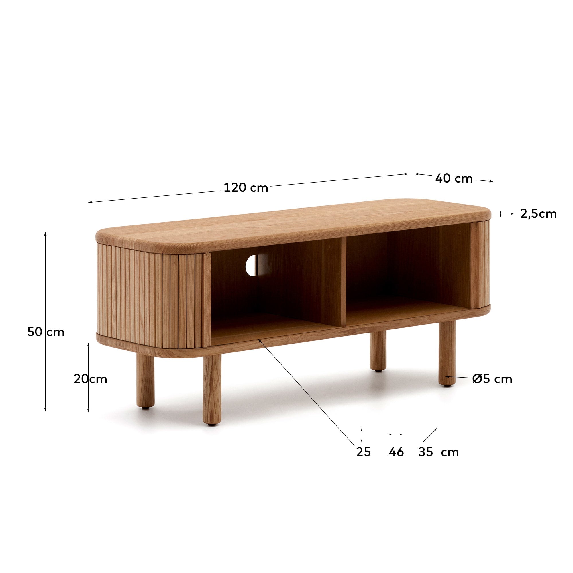 Stilvolles TV-Möbel Mailen in Eschenfurnier, 120 x 50 cm, mit harmonischen Schiebetüren und natürlichem Finish – ideal für modernes Wohnen.