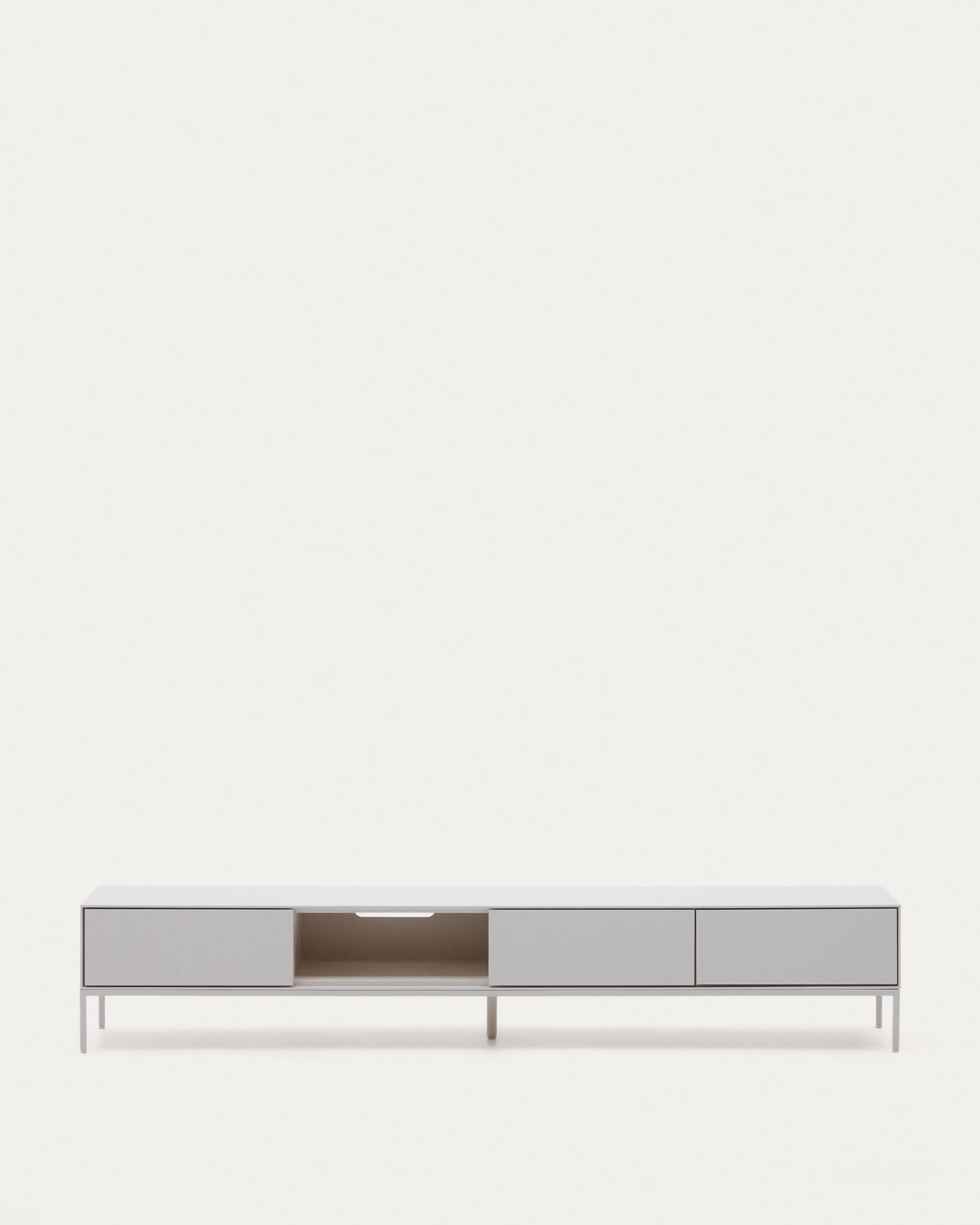 3D-Modell: Vedrana TV-Schrank, 195x35 cm, weiss lackiert, 3 Schubladen, minimalistisch, Stahlakzente, AR-fähig.