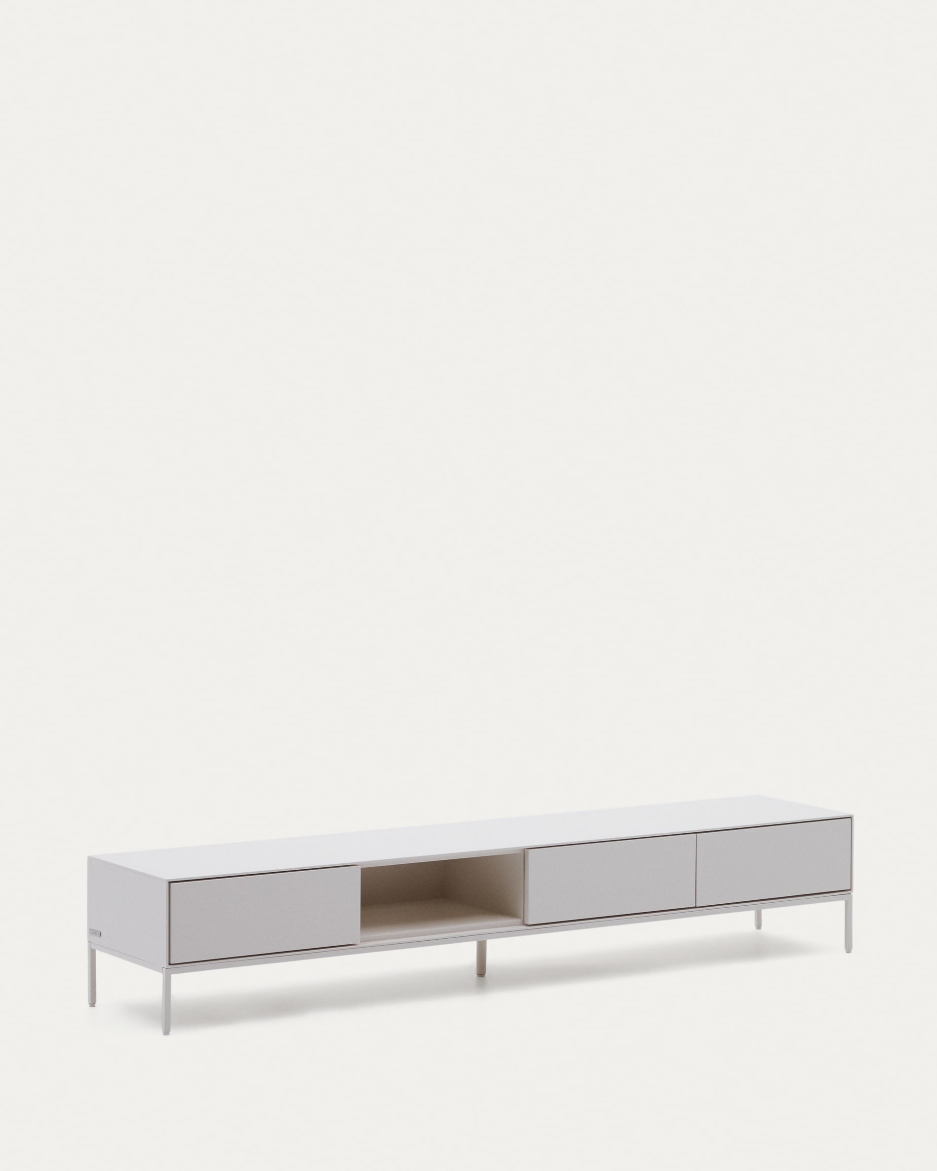 Eleganter TV-Schrank mit 3 Schubladen, weiss lackiert, 195x35 cm, aus MDF, minimalistisch mit modernen Akzenten.