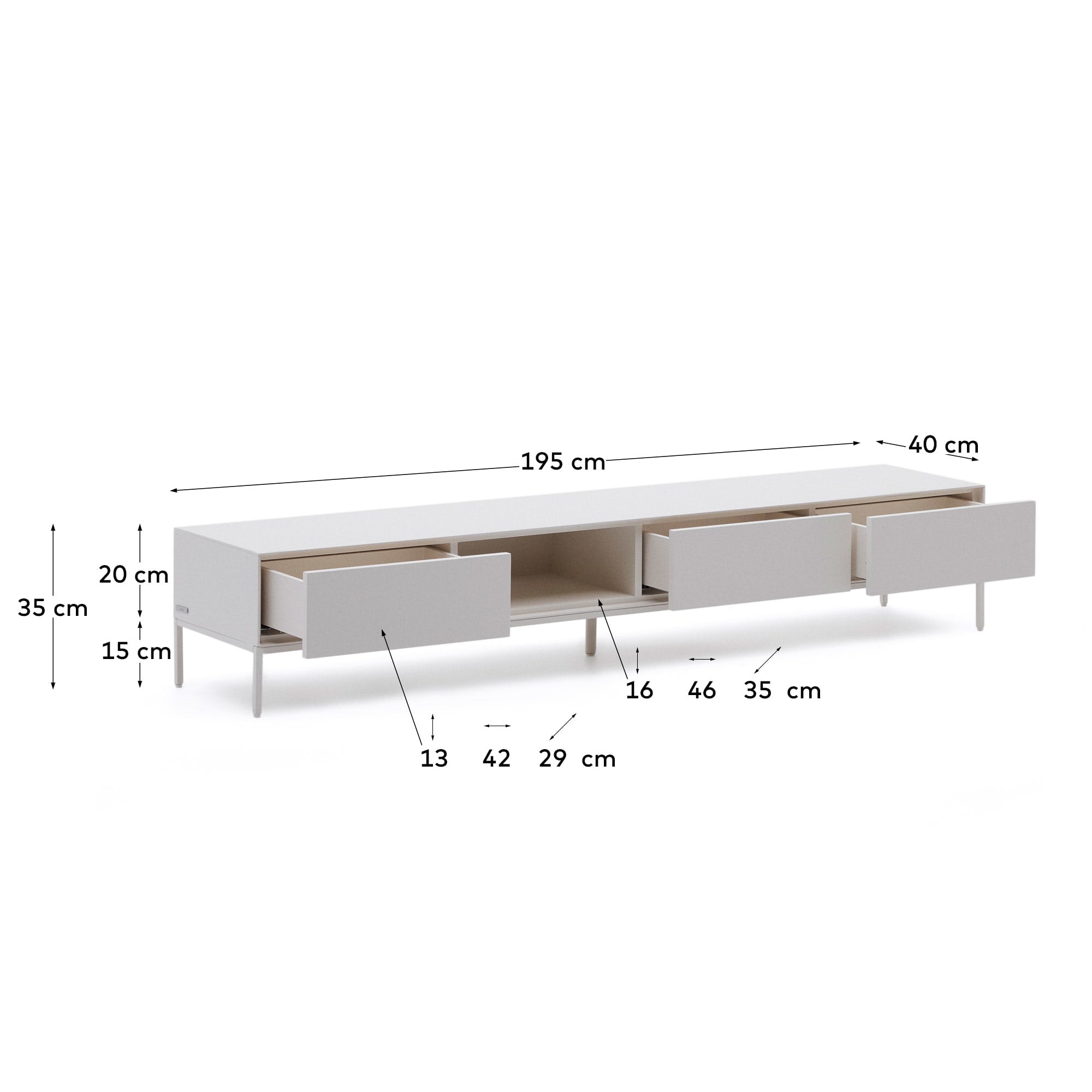 Stilvoller Vedrana TV-Schrank von Kave Home, 195 x 35 cm, aus robustem MDF in elegantem Weiß, bietet 3 praktische Schubladen für eine ordentliche Aufbewahrung.
