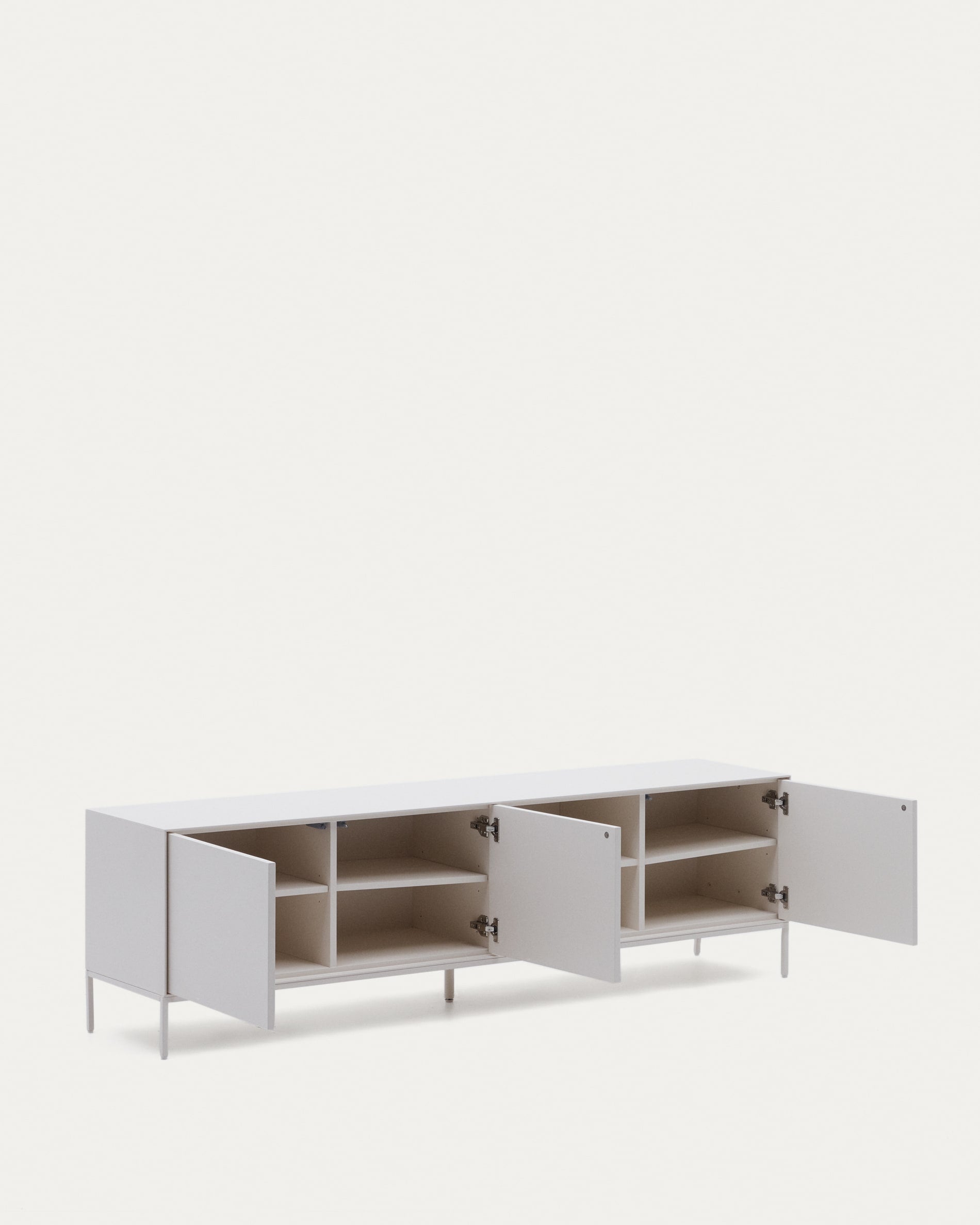 Eleganter TV-Schrank mit 3 Türen, weiss lackiert, aus robustem MDF. Bietet viel Stauraum und passt perfekt in moderne Wohnräume.