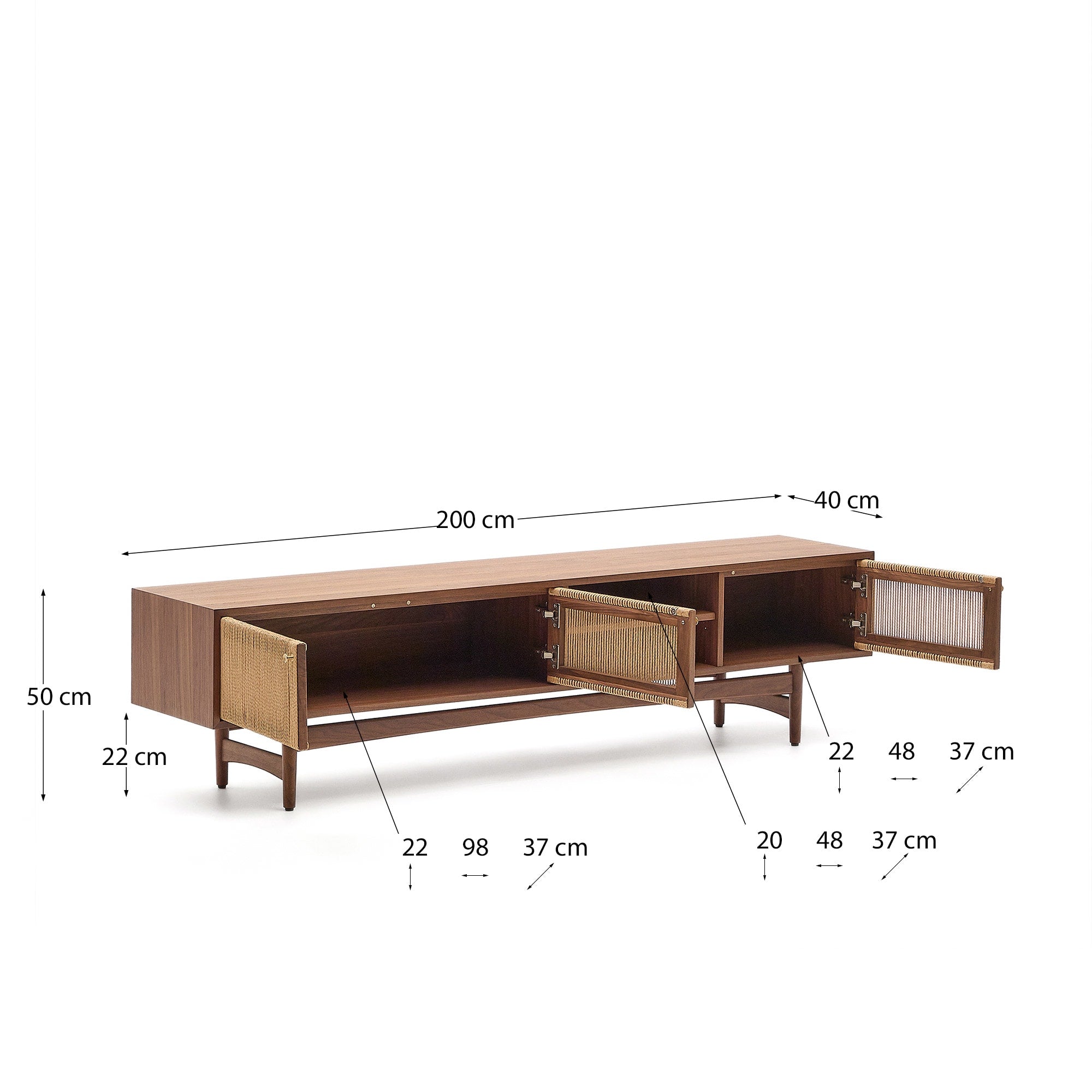 Elegantes TV-Möbel Elan von Kave Home: 3 Türen, aus massivem Walnussholz, 200 x 50 cm, modernes Design mit handgefertigten Seilelementen.