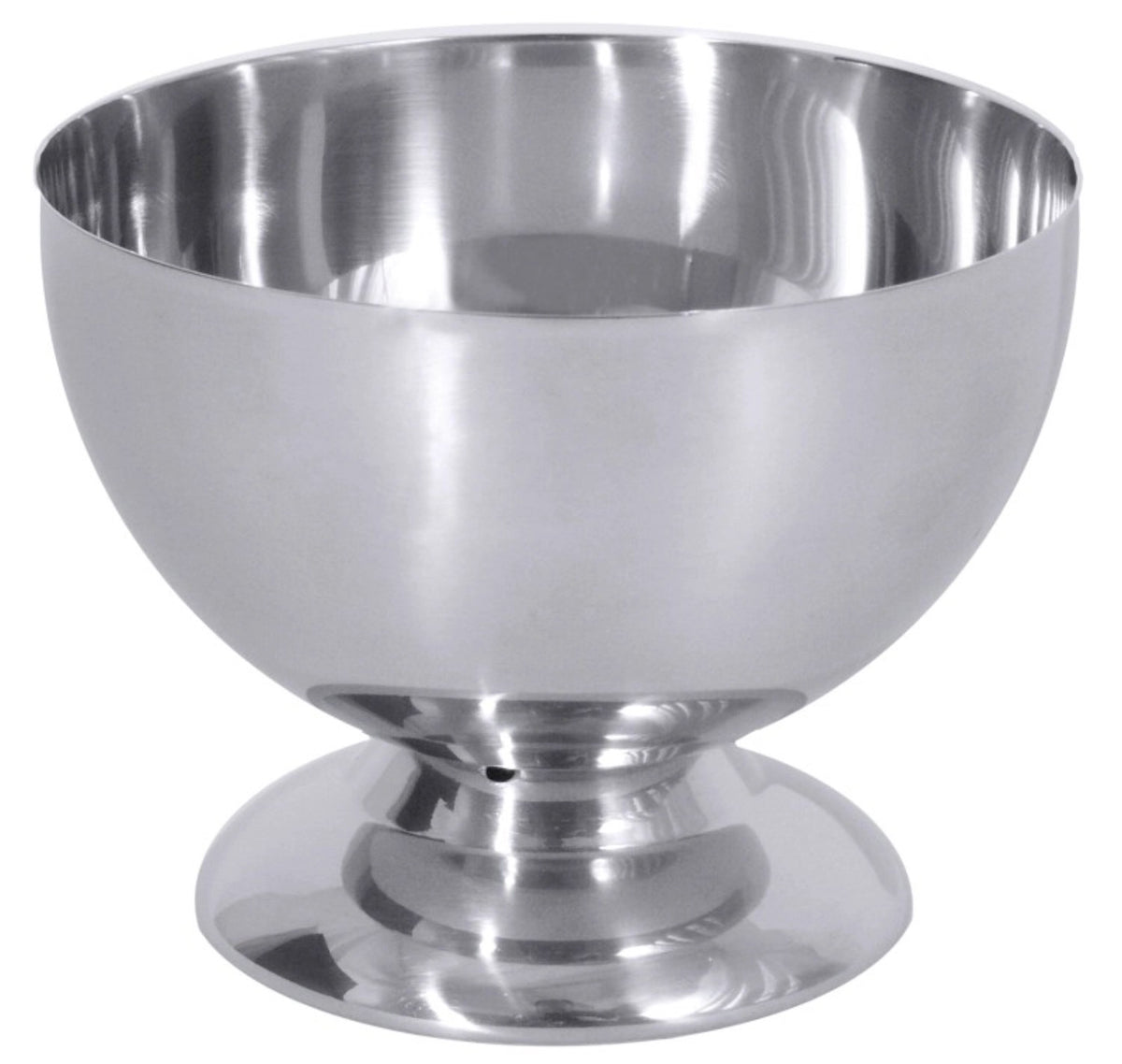 Eisbecher aus hochglänzendem Edelstahl 18/10 in Silber, rund geformt, mit Standfuss und Ablauföffnung, Fassungsvermögen 0.25 Liter.