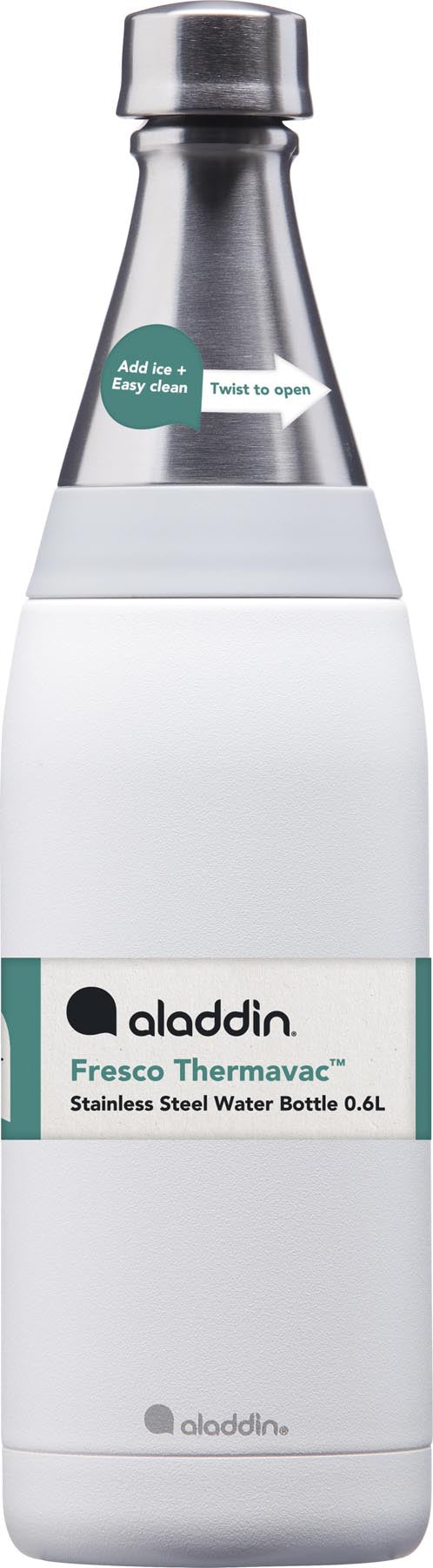 Stilvolle 0,6L Thermosflasche in schneeweiß von Aladdin, designed für optimale Isolierung und vielseitige Nutzung unterwegs.