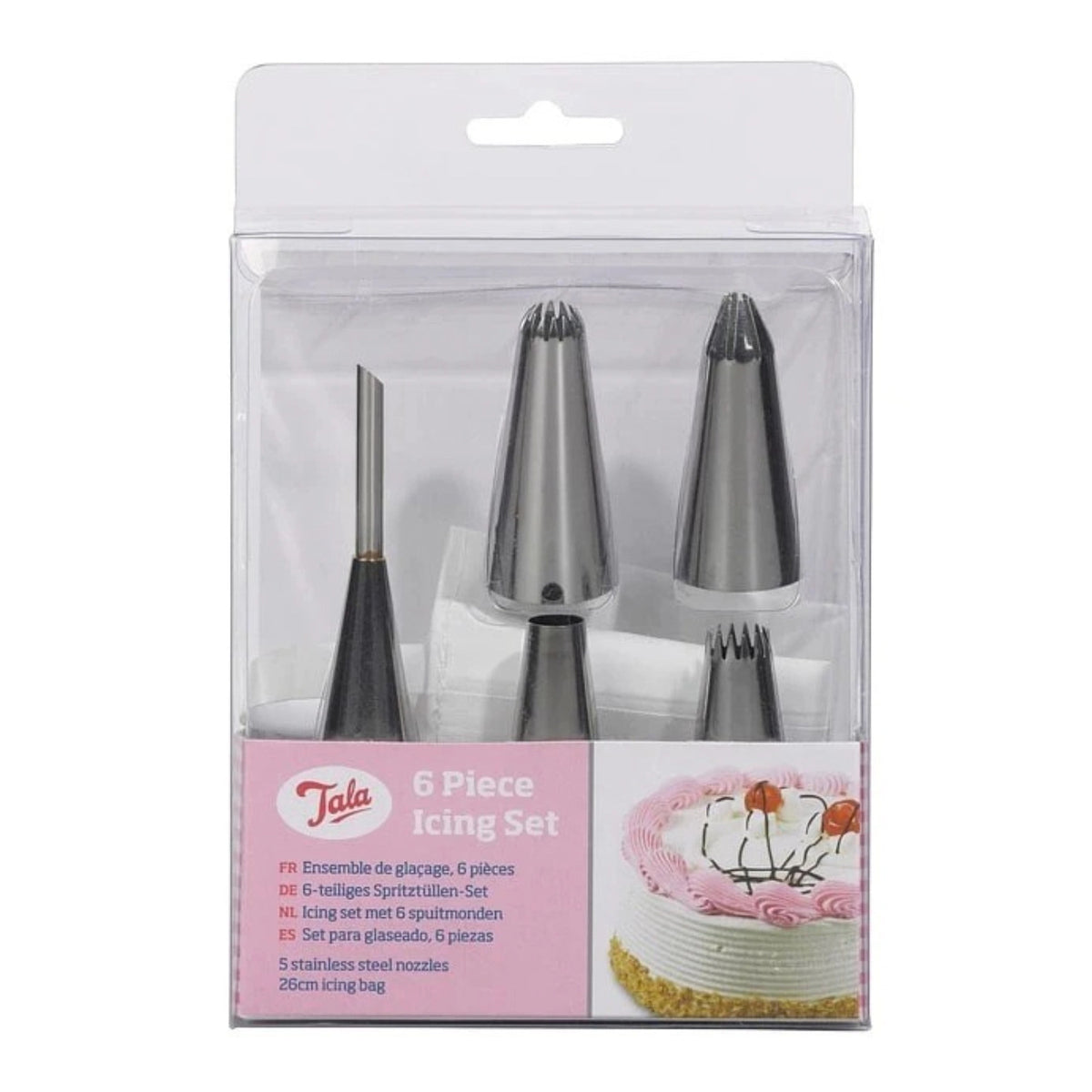 6-tlg. Set Spritzbeutel, 5 Aufsätzen und 1 Beutel in Silber präsentiert im Onlineshop von KAQTU Design AG. Backutensilien ist von Tala