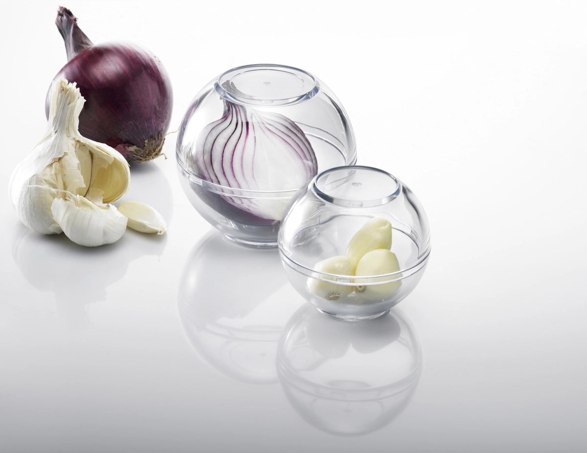 2-tlg. Set Frischhaltekugeln D9cm, H8.5cm, D7cm, H6.5cm in Transparent präsentiert im Onlineshop von KAQTU Design AG. Aufbewahrungsdose ist von Westmark