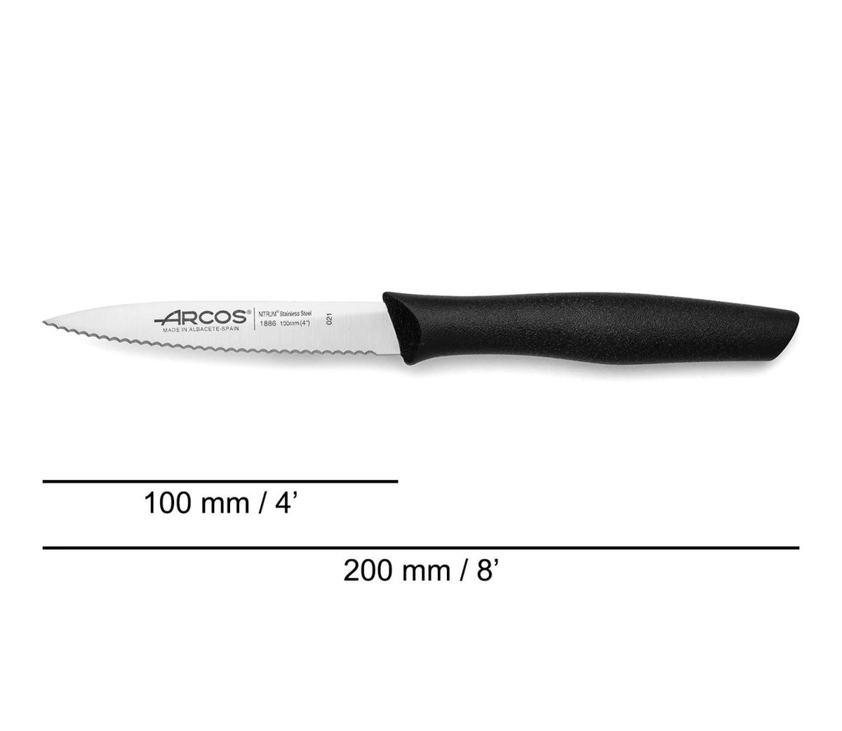Nova Rüstmesser mit Wellenschliff Klinge 10cm Griff schwarz in Schwarz präsentiert im Onlineshop von KAQTU Design AG. Küchenmesser ist von Arcos