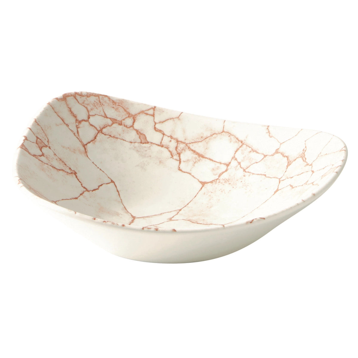 Orangefarbener dreieckiger tiefer Teller Kintsugi Coral Triangel mit Craquelé-Muster