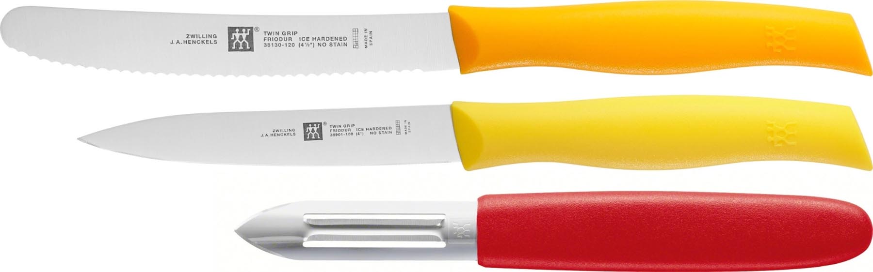 3tlg. TWIN Grip Messerset (Universalm., Spickm., Schäler) in Mehrfarbig präsentiert im Onlineshop von KAQTU Design AG. Küchenmesser ist von Zwilling