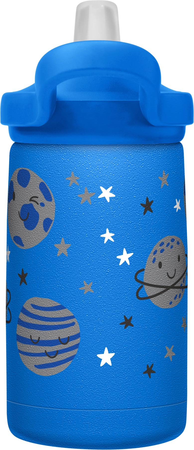 Bunte Eddy+ Kids V.I. Bottle 0.35l "Space Smiles" in fröhlichem Blau, perfekt für Kinder, die gerne unterwegs sind und Spaß haben.