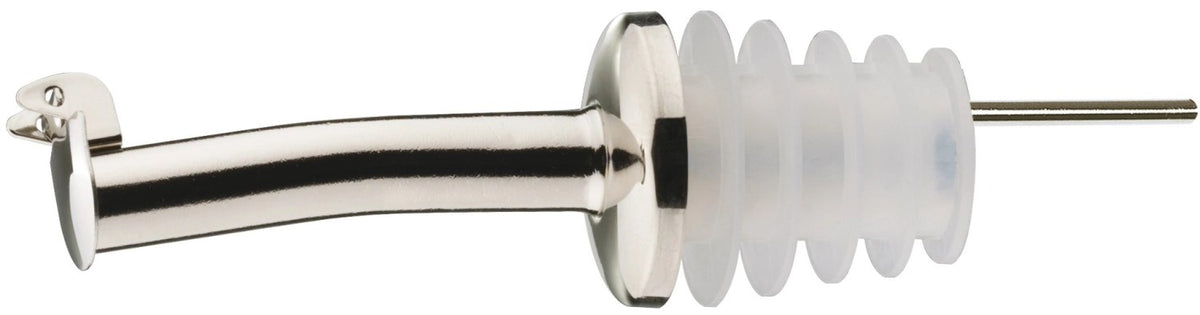 Zwölf silberfarbene Edelstahl-Ausgiesser mit Silikonkorken und Metallkappe im Display, Barzubehör von Westmark.