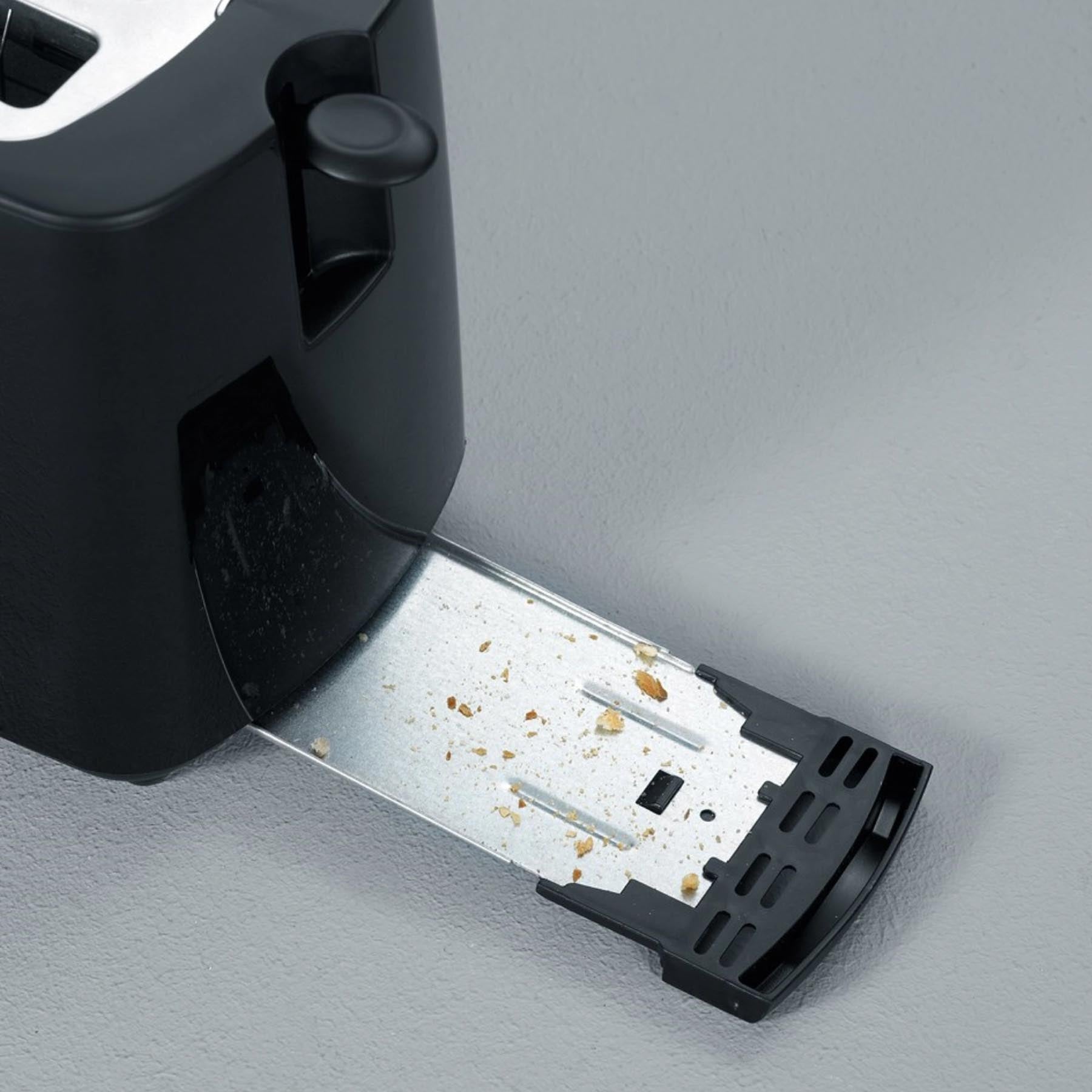 Eleganter schwarzer Toaster für 2 Scheiben von Severin, mit kompakten Abmessungen und 700W Leistung, perfekt für schnelles Toasten.