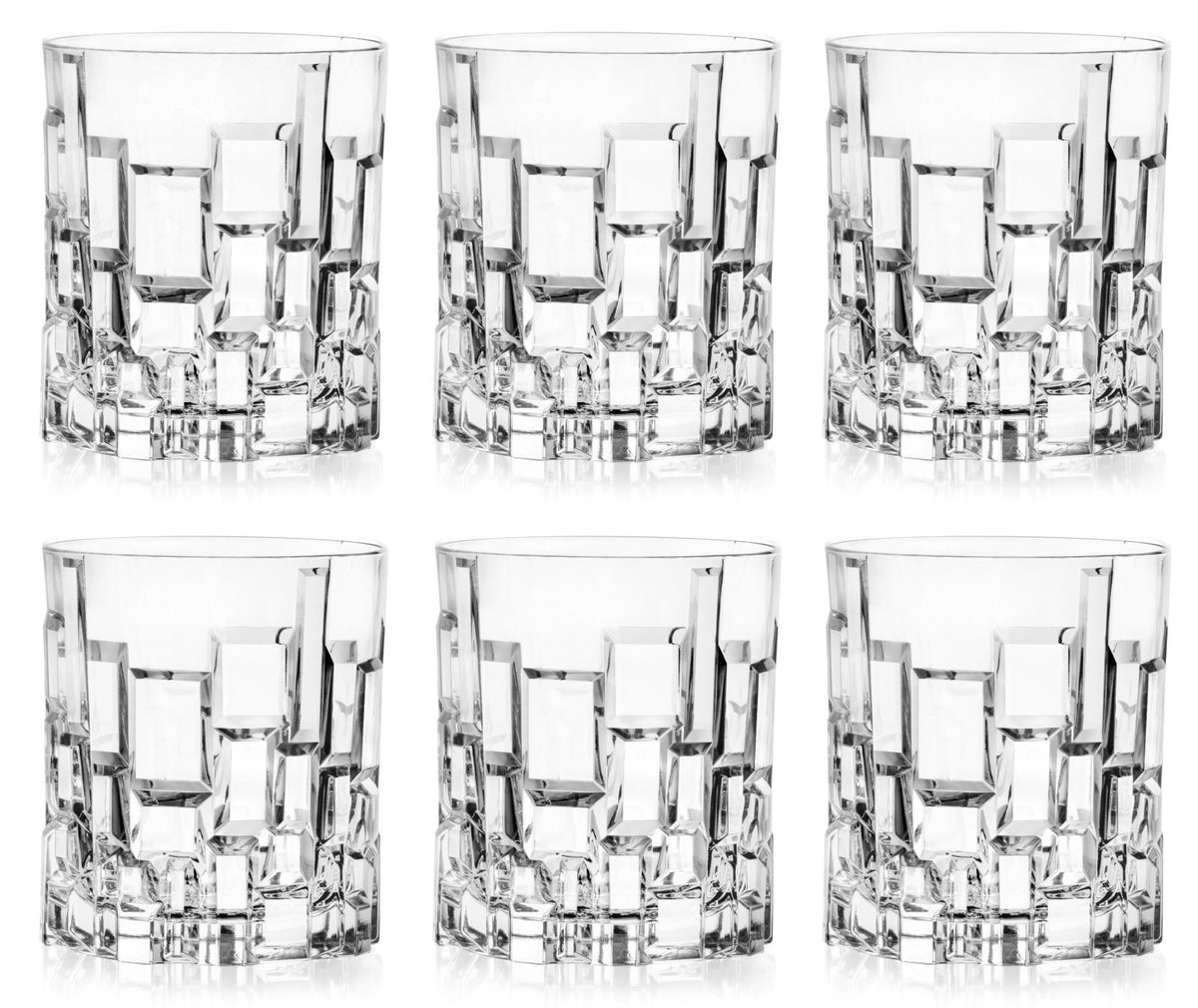 6er Set transparente Dof Becher aus Glas von RCR, Ø8cm, H9.5cm, 33cl, mit strukturierter Oberfläche und eingravierten Mustern.