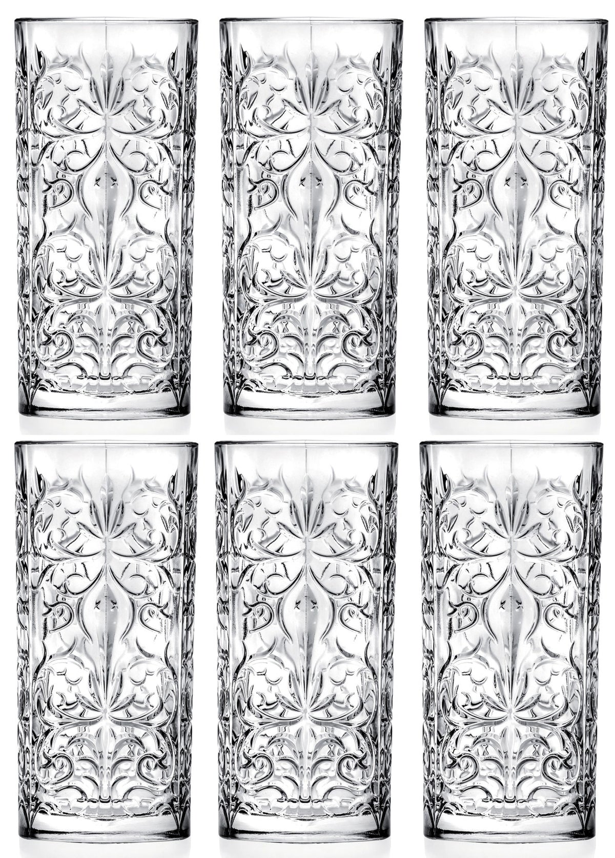 6er Set Tattoo Hb Becher von RCR aus transparentem Glas, zylindrische Form, Ø7 cm, Höhe 15 cm, Fassungsvermögen 37 cl, sechs identische Gläser