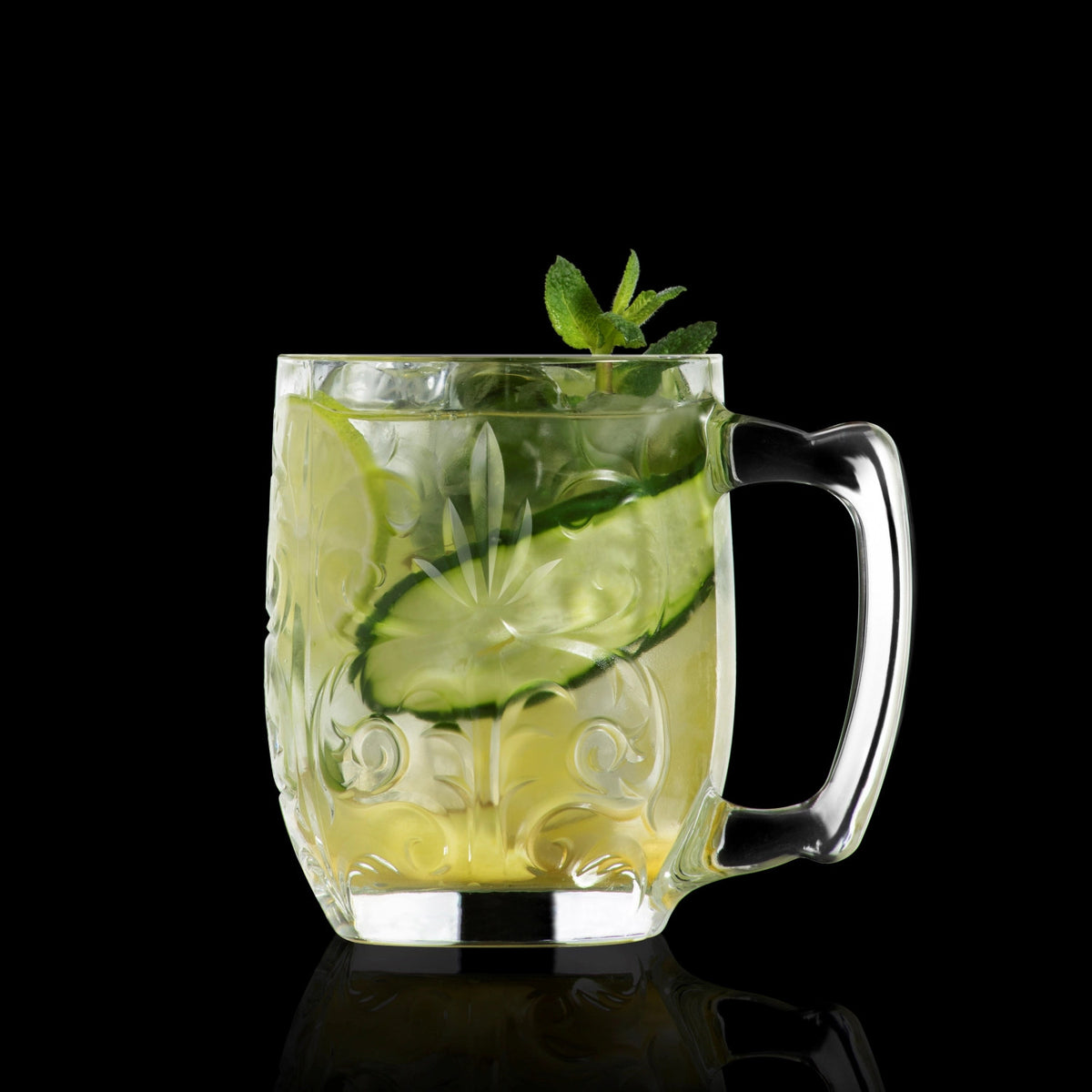 Vier transparente Biergläser aus Glas der Tattoo Mule Serie von RCR, zylindrische Form, Durchmesser 8.4 cm, Höhe 11.1 cm, Fassungsvermögen 42 cl