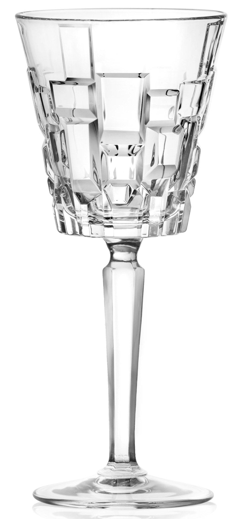 Sechs transparente Weingläser aus Glas der Serie Etna von RCR, Durchmesser 7.9 cm, Höhe 18.4 cm, Fassungsvermögen 20 cl, auf hellem Hintergrund.