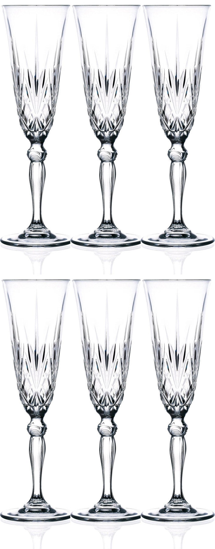 6er Set Melodia Flute von RCR aus transparentem Glas, schlanke Champagnergläser mit 16cl Fassungsvermögen, Ø7.0 H22.2 cm, auf hellem Hintergrund.