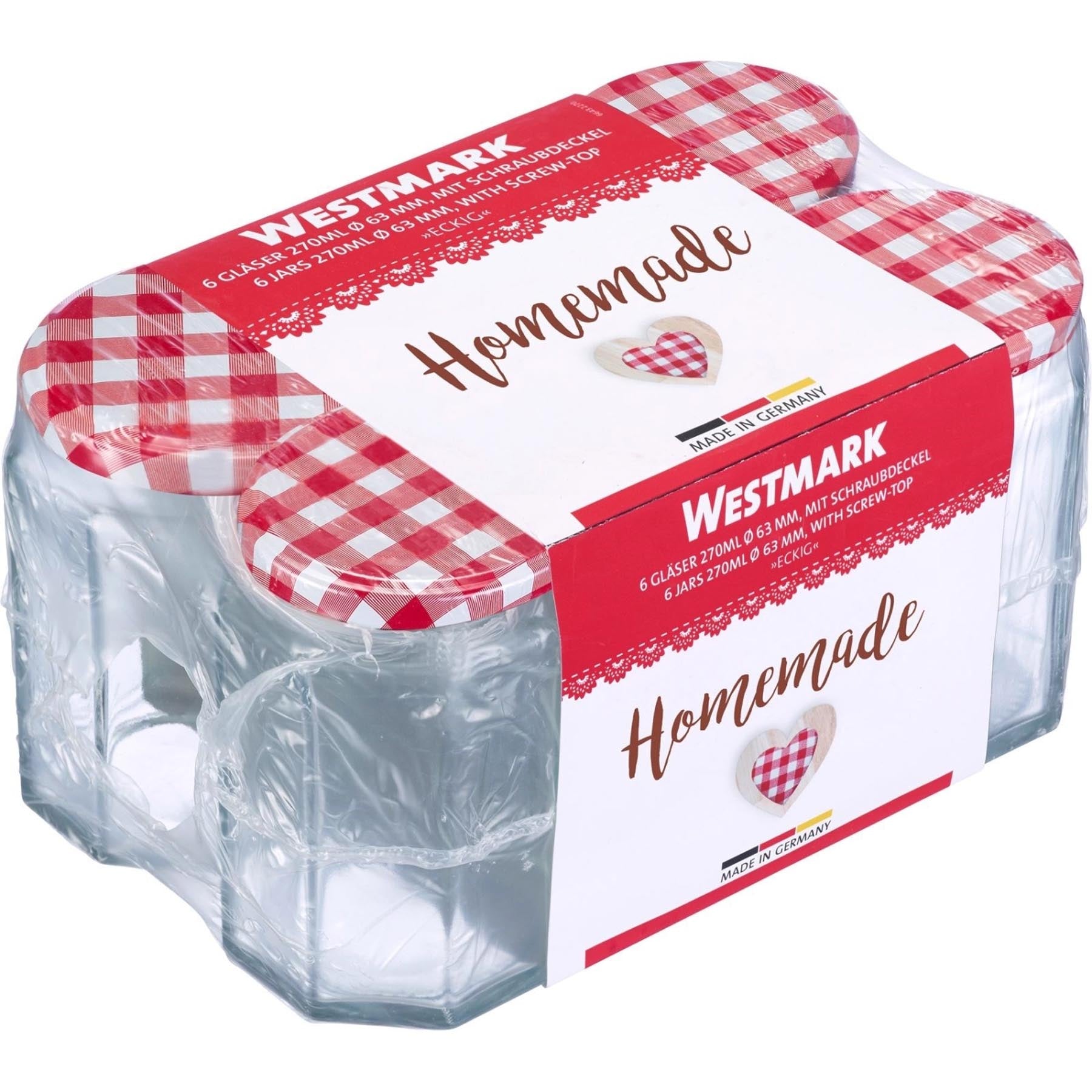 Praktisches 6er Set sechseckiger 270ml Gläser von Westmark, inklusive Deckel, perfekt für die stilvolle Lagerung und Präsentation von Lebensmitteln.