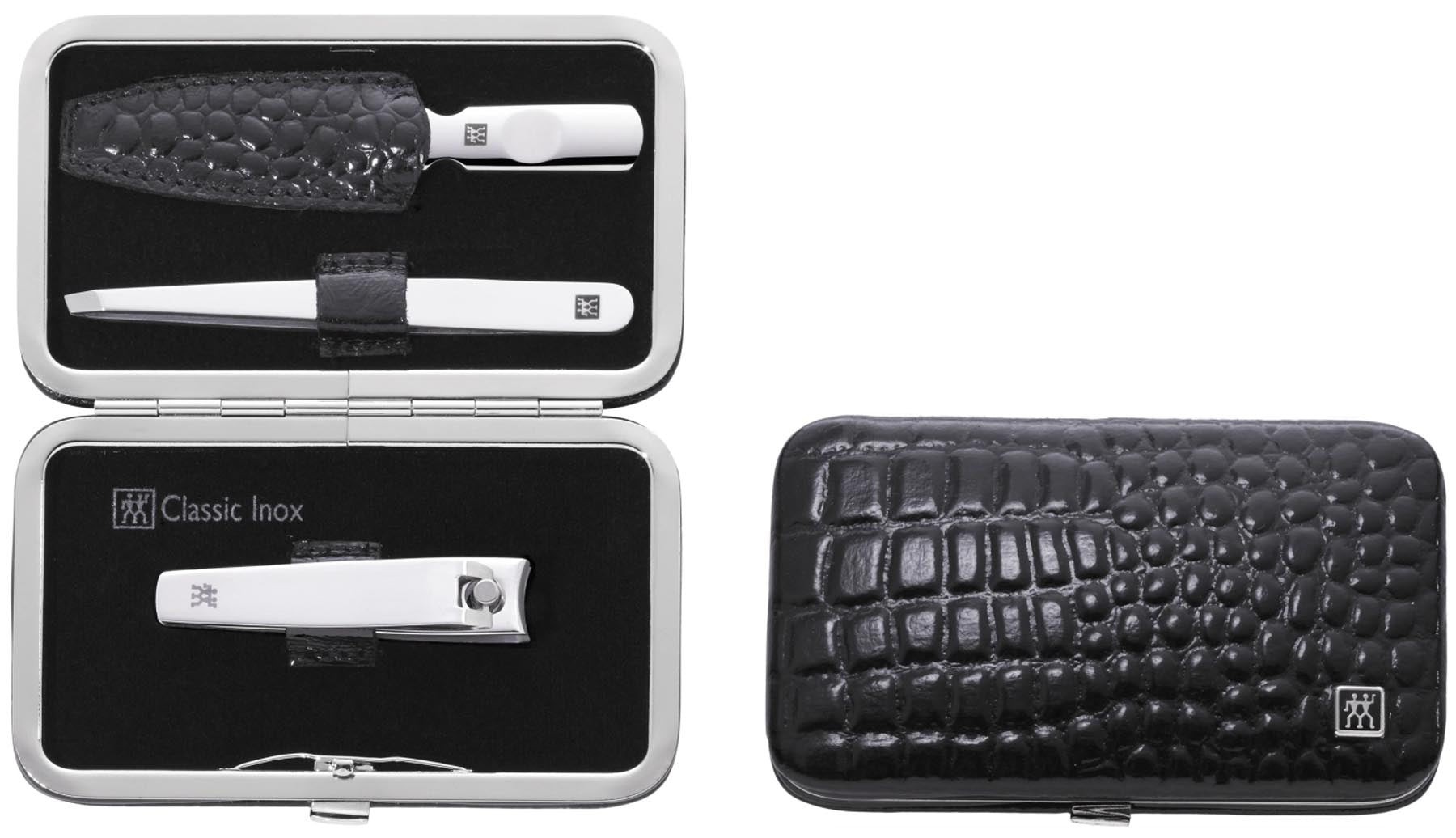 3tlg. Rahmenetui sw Kroko-Lackoptik in Schwarz präsentiert im Onlineshop von KAQTU Design AG. Pflege ist von Zwilling Beauty