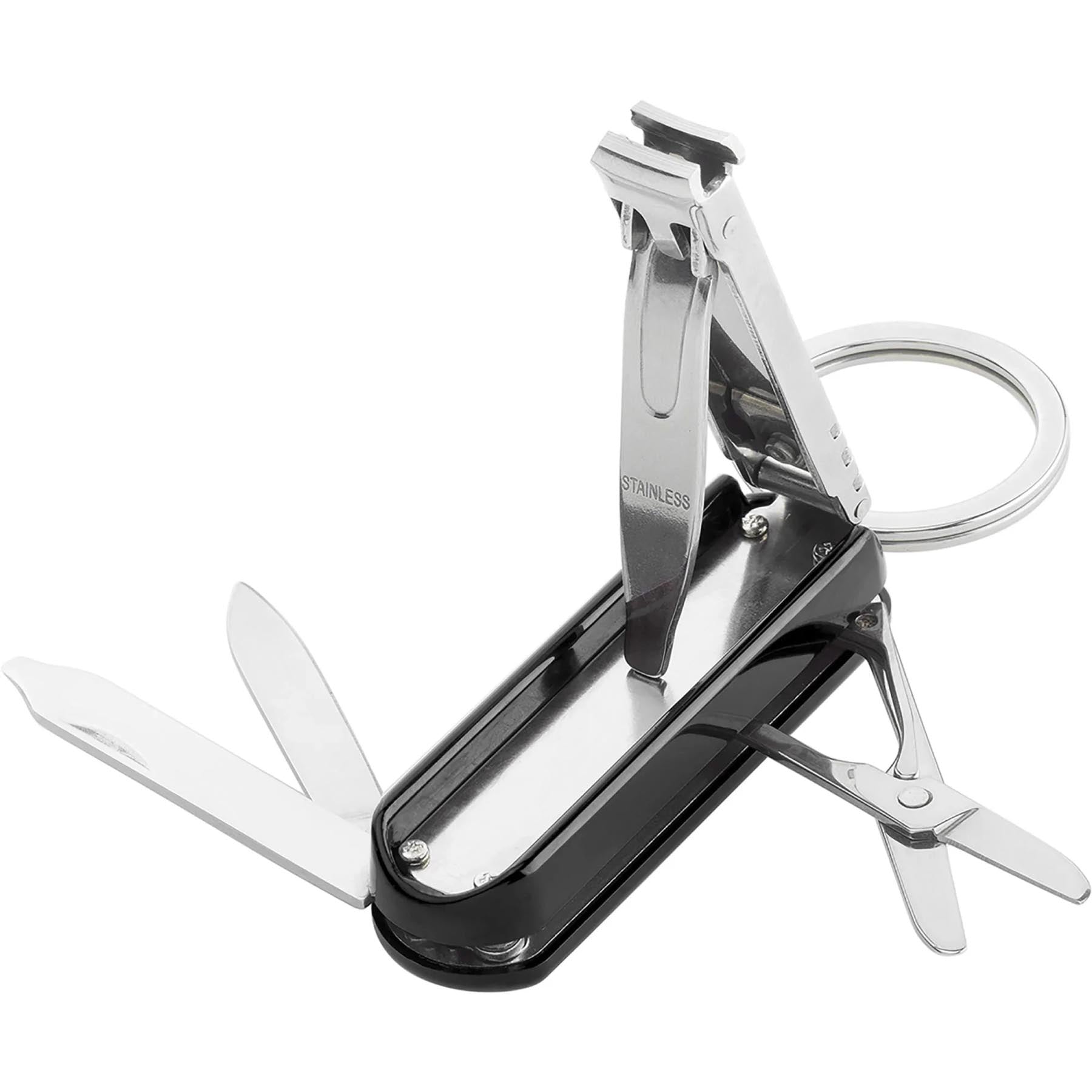 Schwarzes 3-teiliges Lederetui mit praktischem Multi-Tool, perfekt für die Körperpflege unterwegs von Zwilling Beauty.