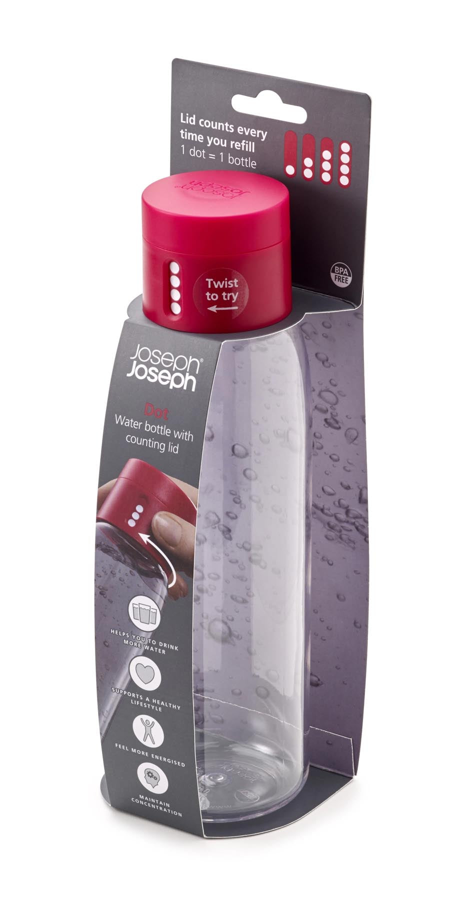 Transparente pinke Dot Trinkflasche von Joseph Joseph, 600 ml, ideal für unterwegs und stylisch im Design.