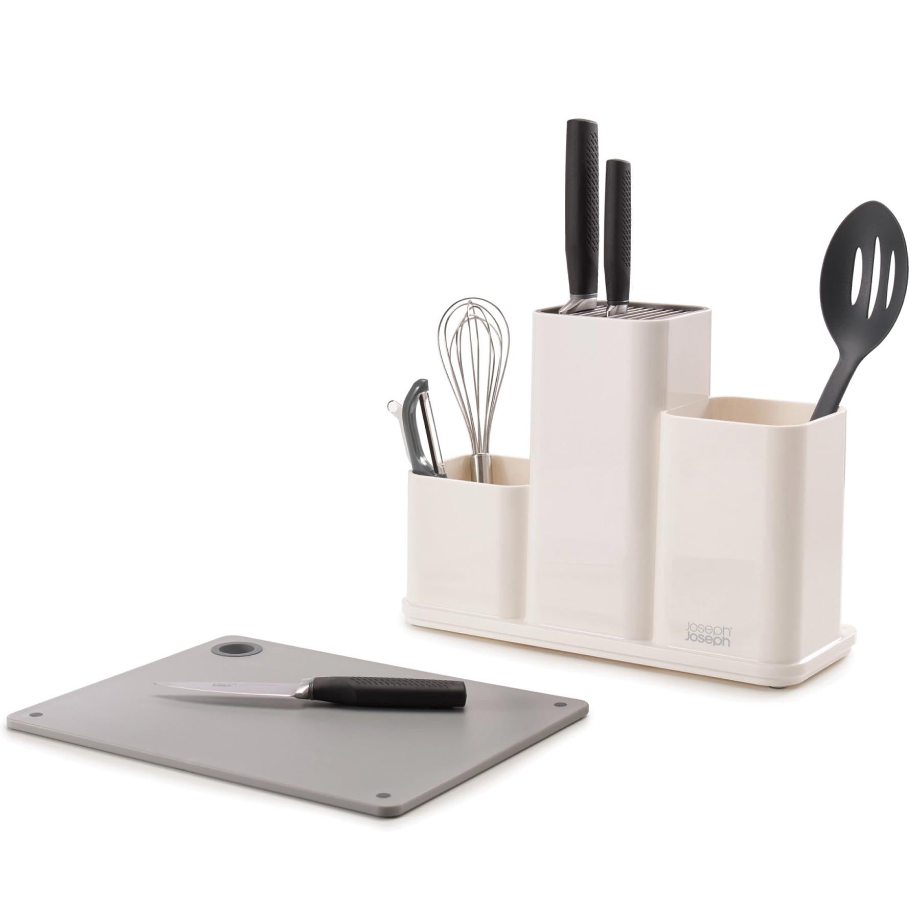 Praktisches Schneidebrett-Set von Joseph Joseph in Weiß und Hellgrau, 31x13x23cm, perfekt für stilvolle Küchenorganisation und effizientes Arbeiten.