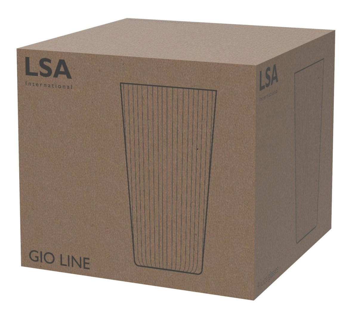 Vier transparente Highball-Gläser aus Glas mit linearer Textur, Modell Gio Line von LSA, Grösse D: 7cm x H: 12.8cm, auf hellem Hintergrund.